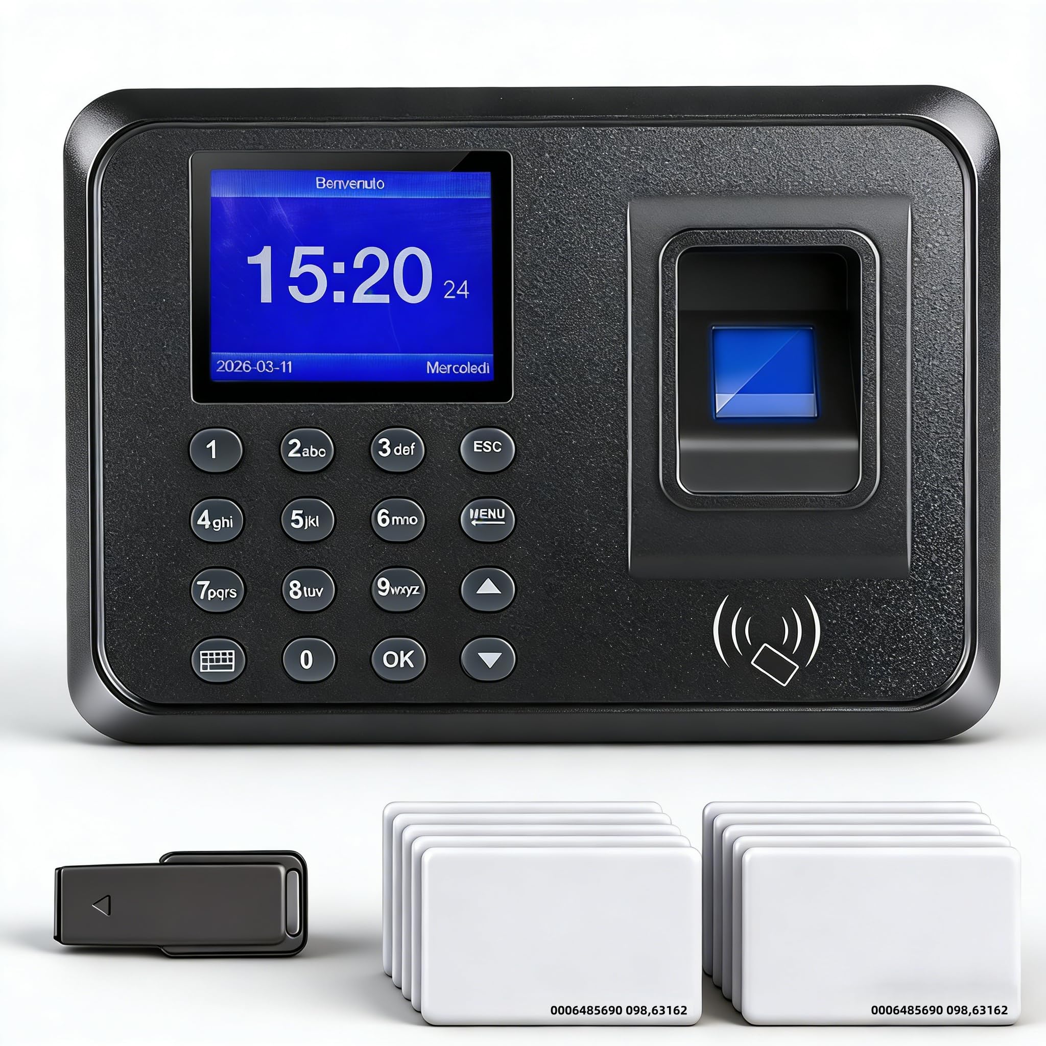 Orologio Marcatempo Biometrico per Piccole Imprese – 3-in-1: Lettore Impronte Digitali, Badge RFID (10 Inclusi), Codice PIN – Timbratrice Presenze Dipendenti senza WiFi, 0 Spese Mensili