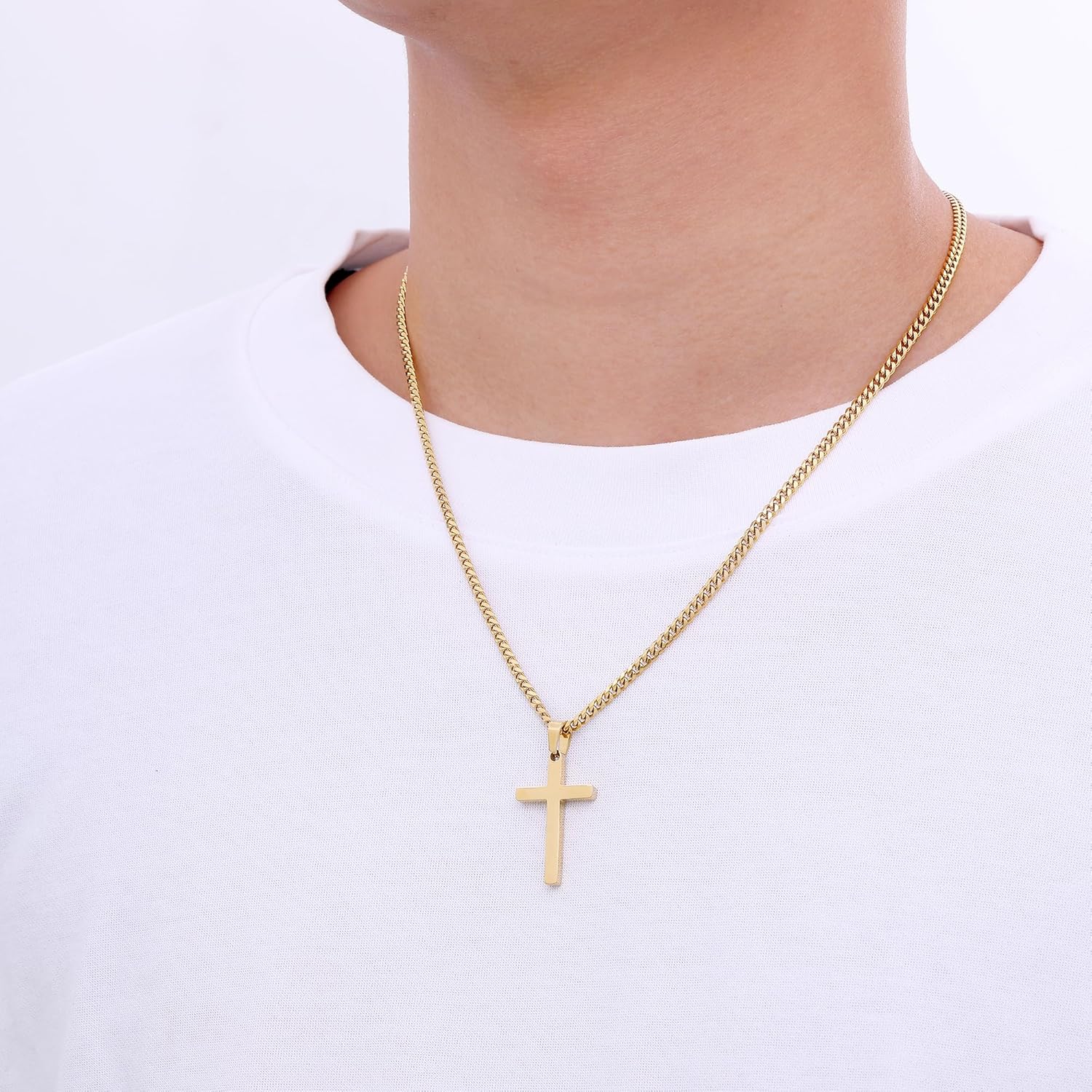 Fiusem Cross Necklace for Men and Women, 14K Gold Plated Mens Cross Necklaces with 3.5mm Cuban Chain, Stainless Steel Pendant Chain 16-24 Inches - Image 3
