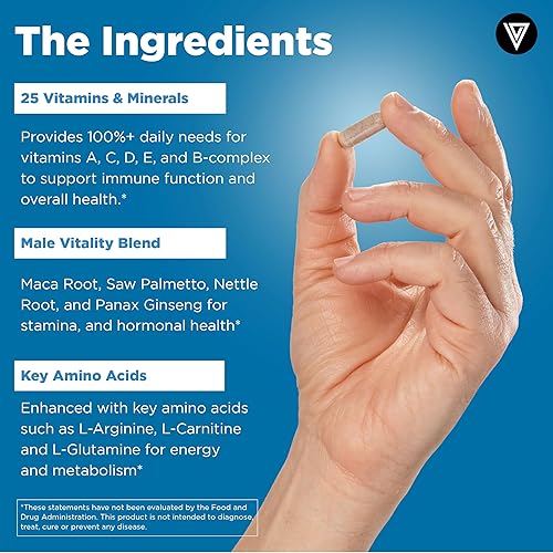 Miniatura 5 de Vital Vitamins Complejo multivitamínico para hombre, fabricado con aminoácidos esenciales y raíz de maca, con vitamina A, C, E, B6, B12, D3 y mezcla