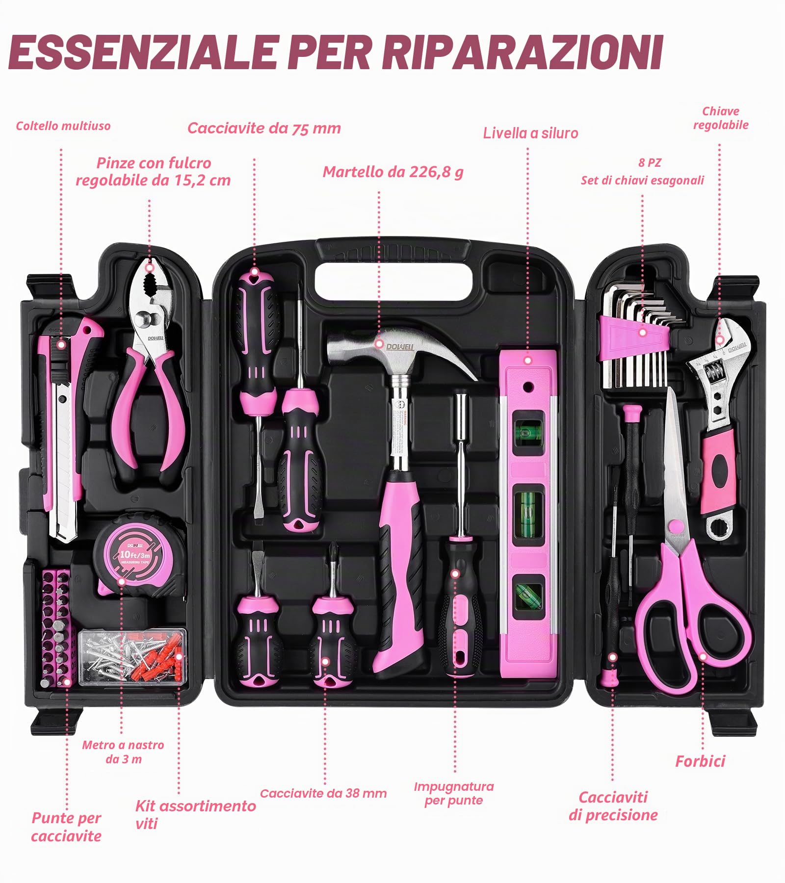 Dowell, kit di attrezzi per la riparazione domestica da 123 pezzi in rosa per donne e ragazze - Kit di attrezzi fai da te tutto in uno con impugnature ergonomiche, scatola degli attrezzi resistente