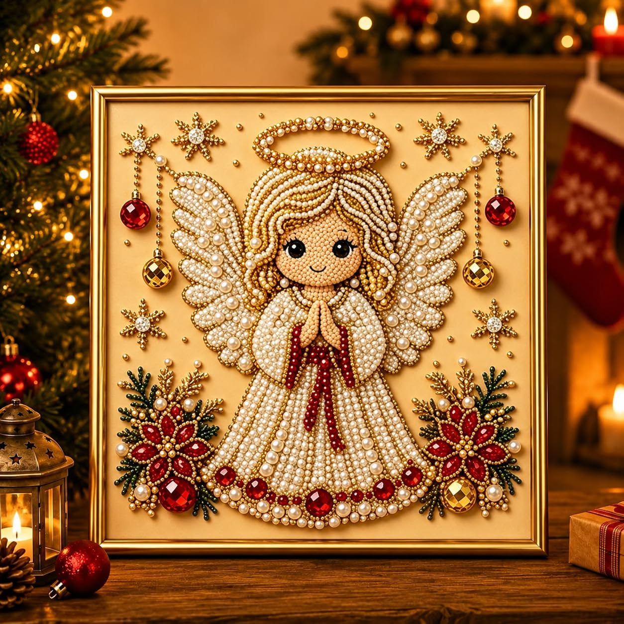DIY Christmas Pearl Diamond Art Painting Kit with Frame,Christmas Pearl Beads Art Craft for Adults & Beginners,Gemstone Diamond Dots Beads Painting for Home Wall Decor,Beginner DIY Seasonal Party Gift
