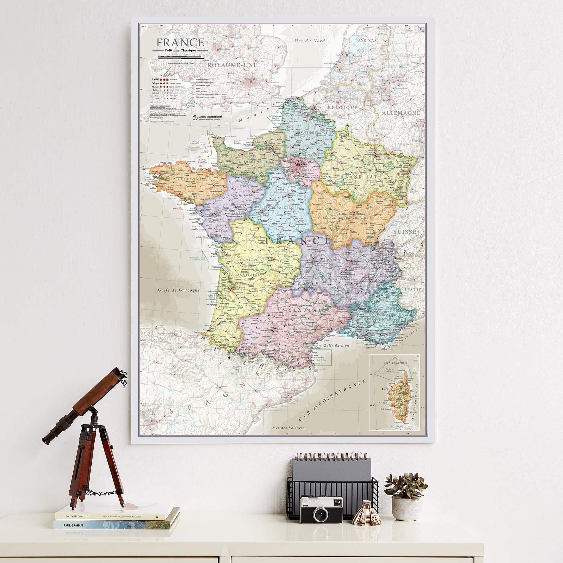 Carte de France 84.1 x 118.9 cm - Poster les Régions & Départements Français Visités - Maps International + de 50 ans d'expérience dans la cartographie
