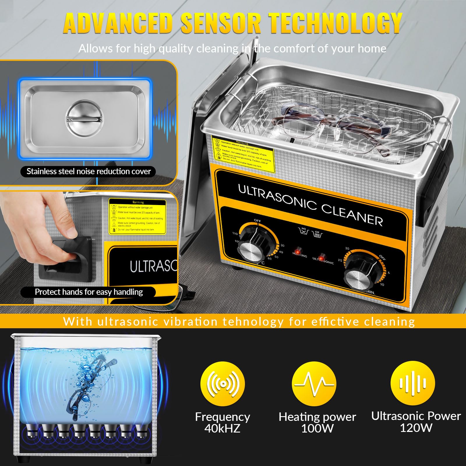 VELPAX 3.2L Pulitore Ultrasuoni Industriale con Riscaldatore e Timer Digitale 120W Acciaio Inossidabile Timer di Riscaldamento Digitale Pulizia Gioielli per Uso Domestico Personale Commerciale