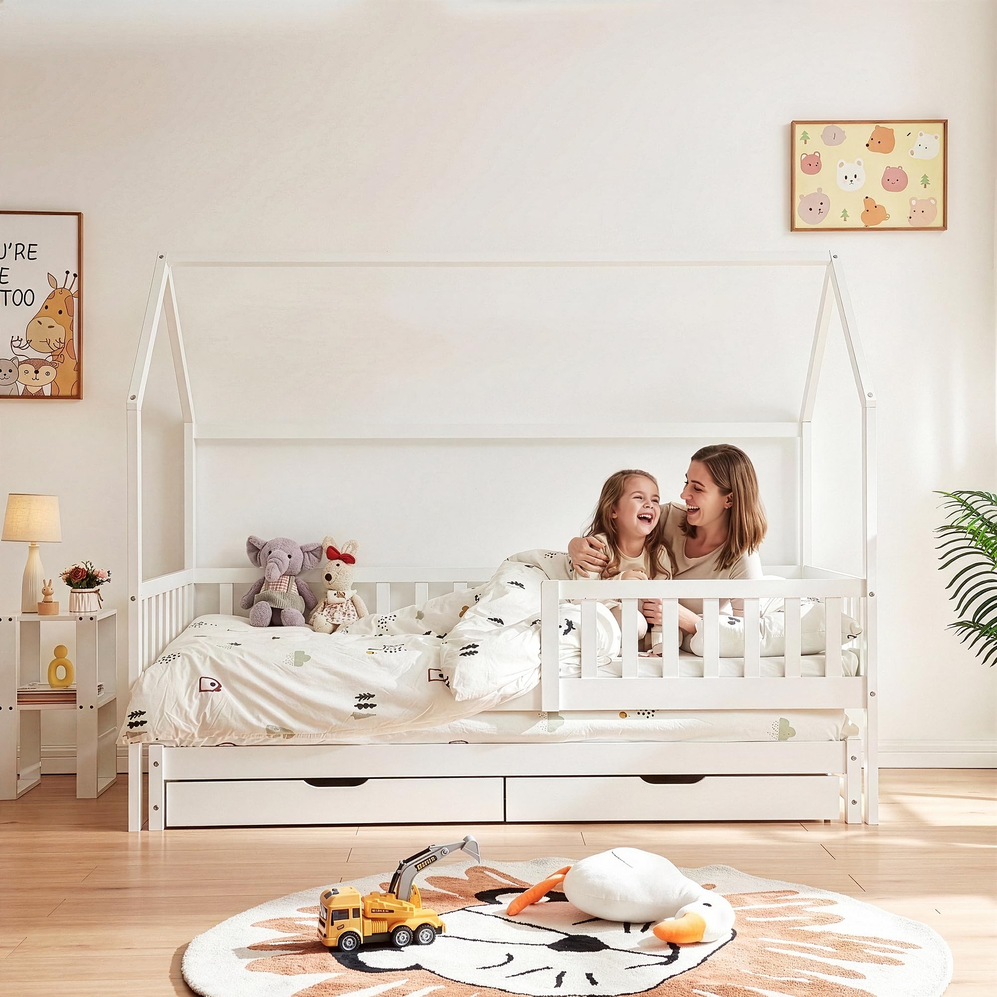 [en.casa] Letto per Cameretta a Forma di Casetta con Letto Estraibile Struttura in Legno di Pino a 2 Piazze con Barriera Anticaduta e 2 Cassetti 90x200 cm - Bianco