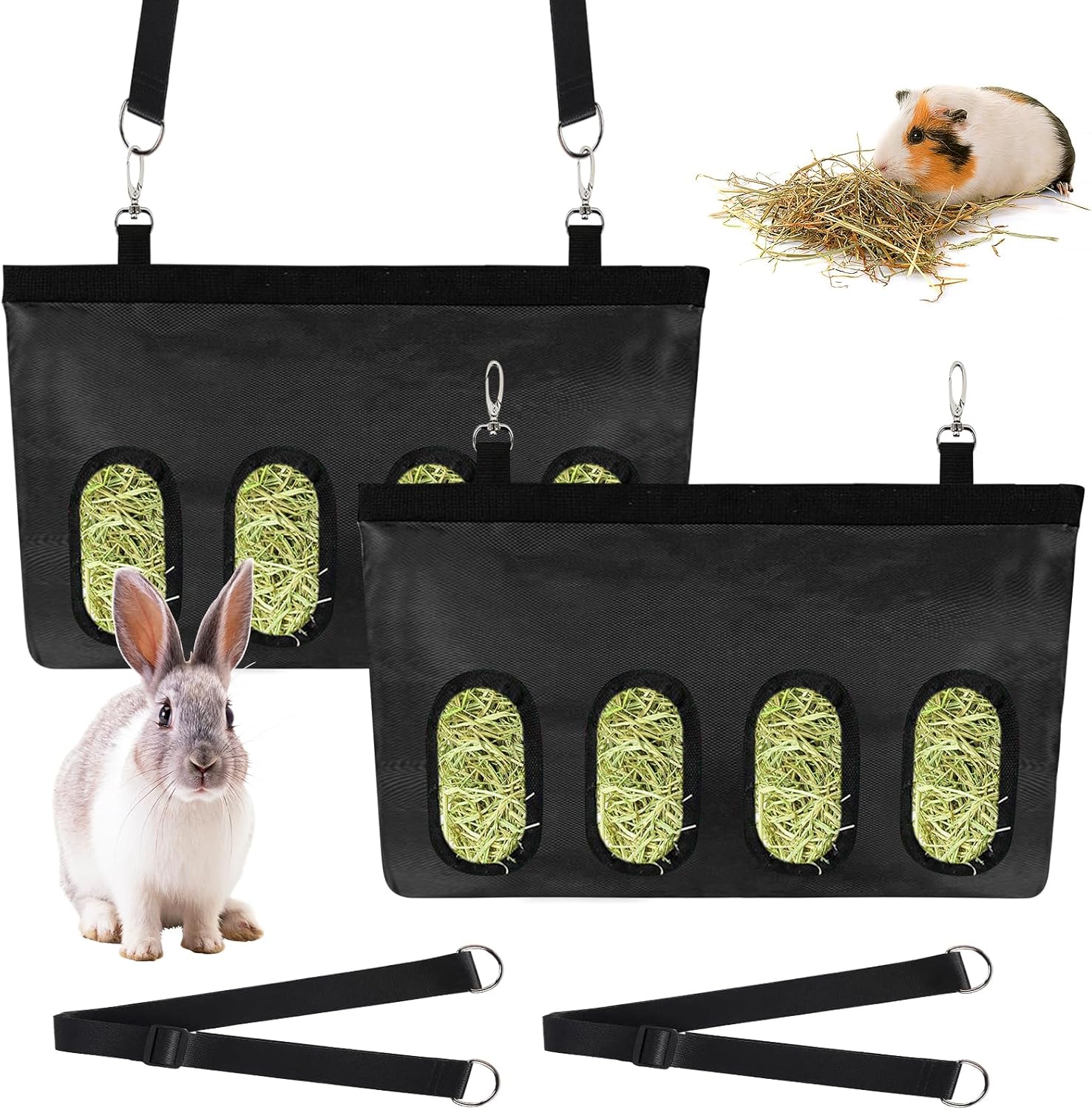 Rabbit Hay Feeder Bag, 2 Pieces Hanging Guinea Pig Hay Feeder with 4 Holes, 18x12