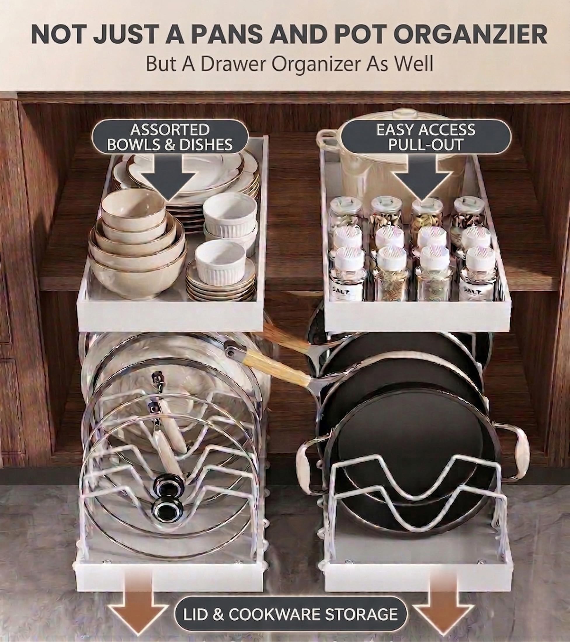 1 pezzi Porta Coperchi Pentole Scorrevole, porta coperchi pentole salvaspazio, Organizer Padelle con 8 Scomparti Regolabili per Padelle, Coperchi Organizer Cucina, Bianco