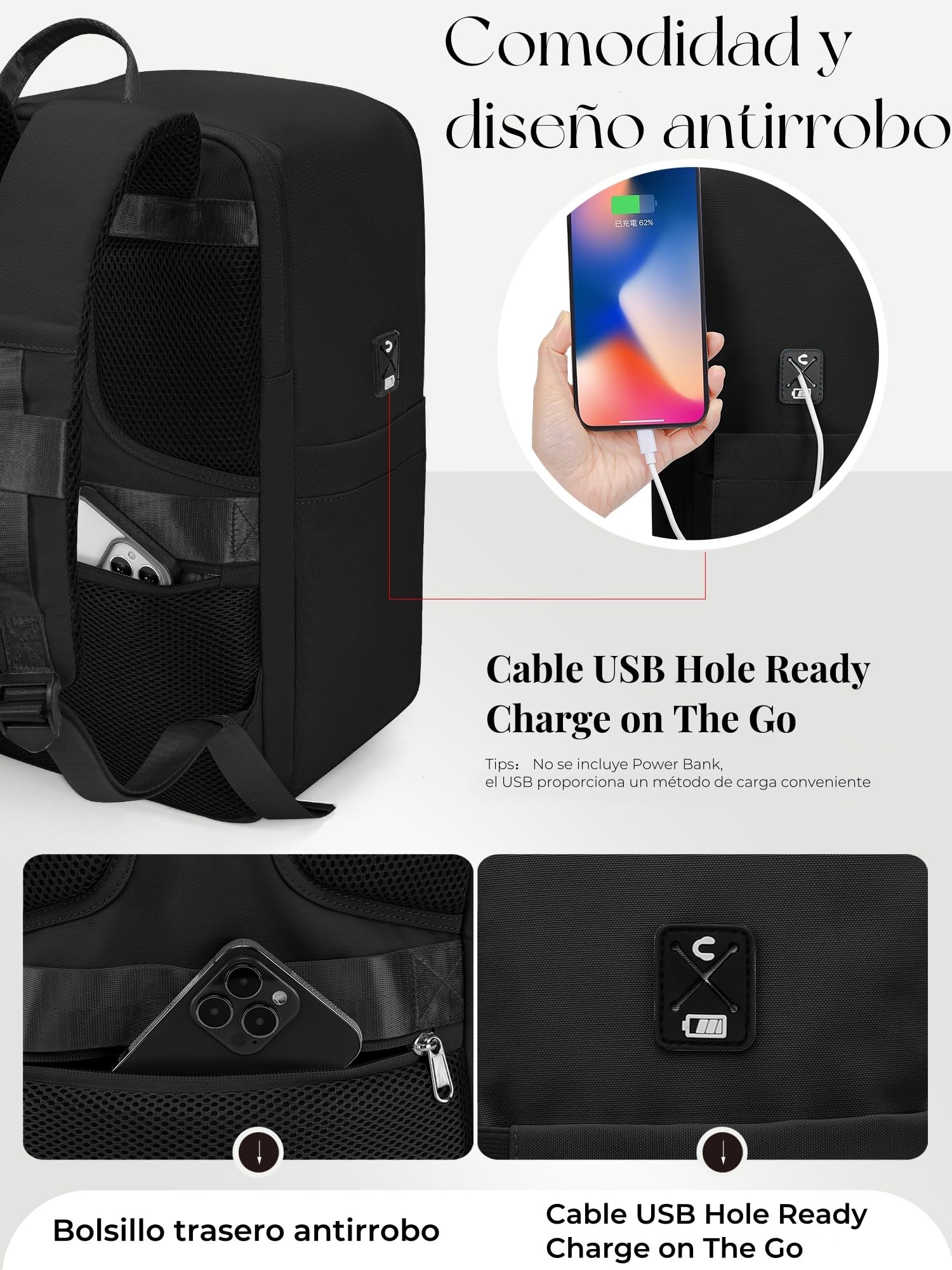 RuoSien Mochila 40x30x20 Mochila Viaje Cabina Avion 40x30x20 para Ryanair,Mochila Cabina Bolsa de Viaje con Orificio de Carga USB y Bolsillo Antirrobo