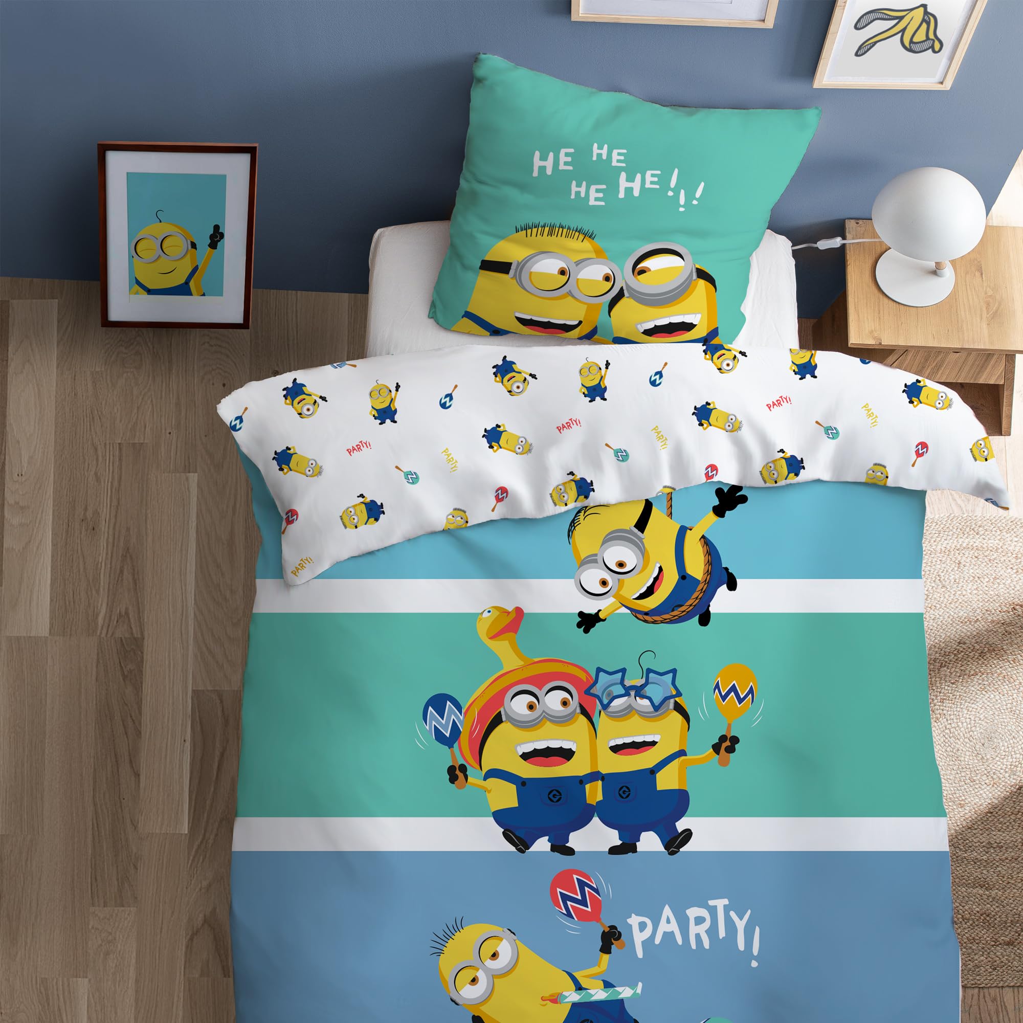Housse de couette 140x200 Minions Fiesta avec taie d'oreiller en coton bleu pour lit enfant