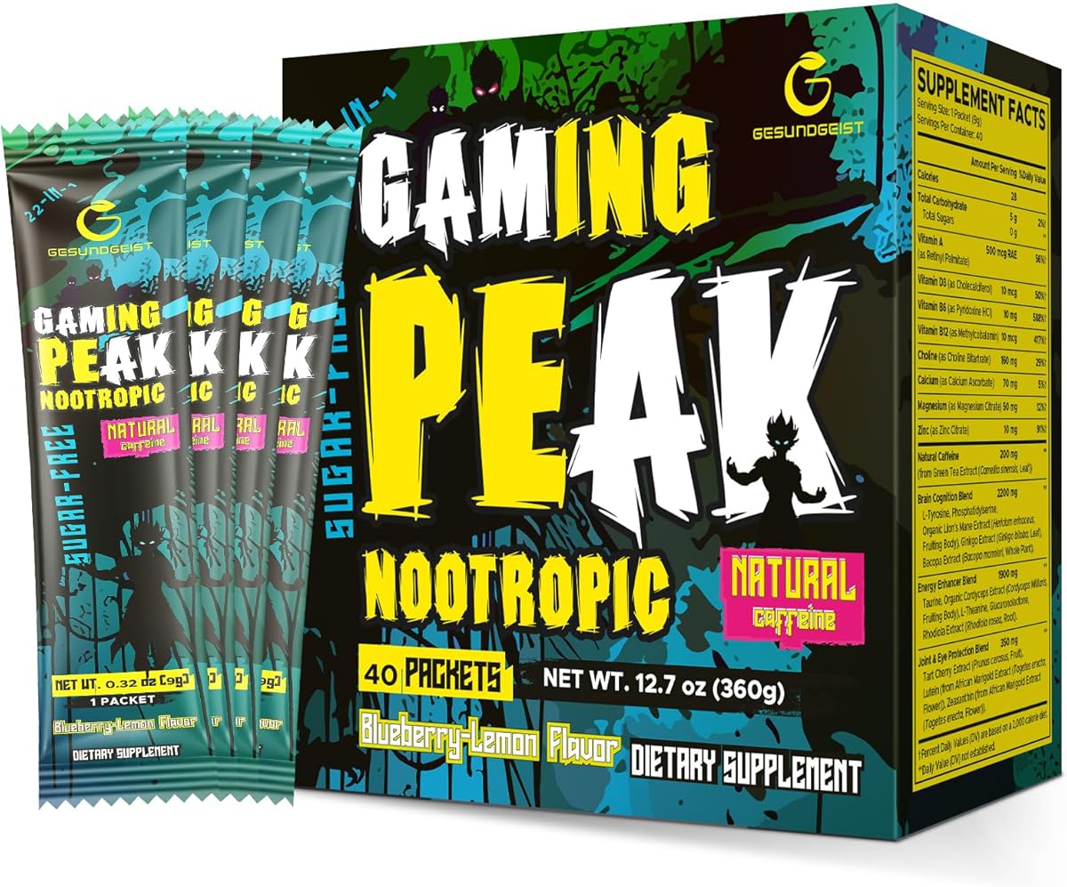 Energy Drink Powder – Gaming Focus Formula with Nootropics & Natural Caffeine – for Attention, Accuracy & Reaction – Sugar-Free, Vegan – Blueberry Lemon – 40 Individual Sticks
