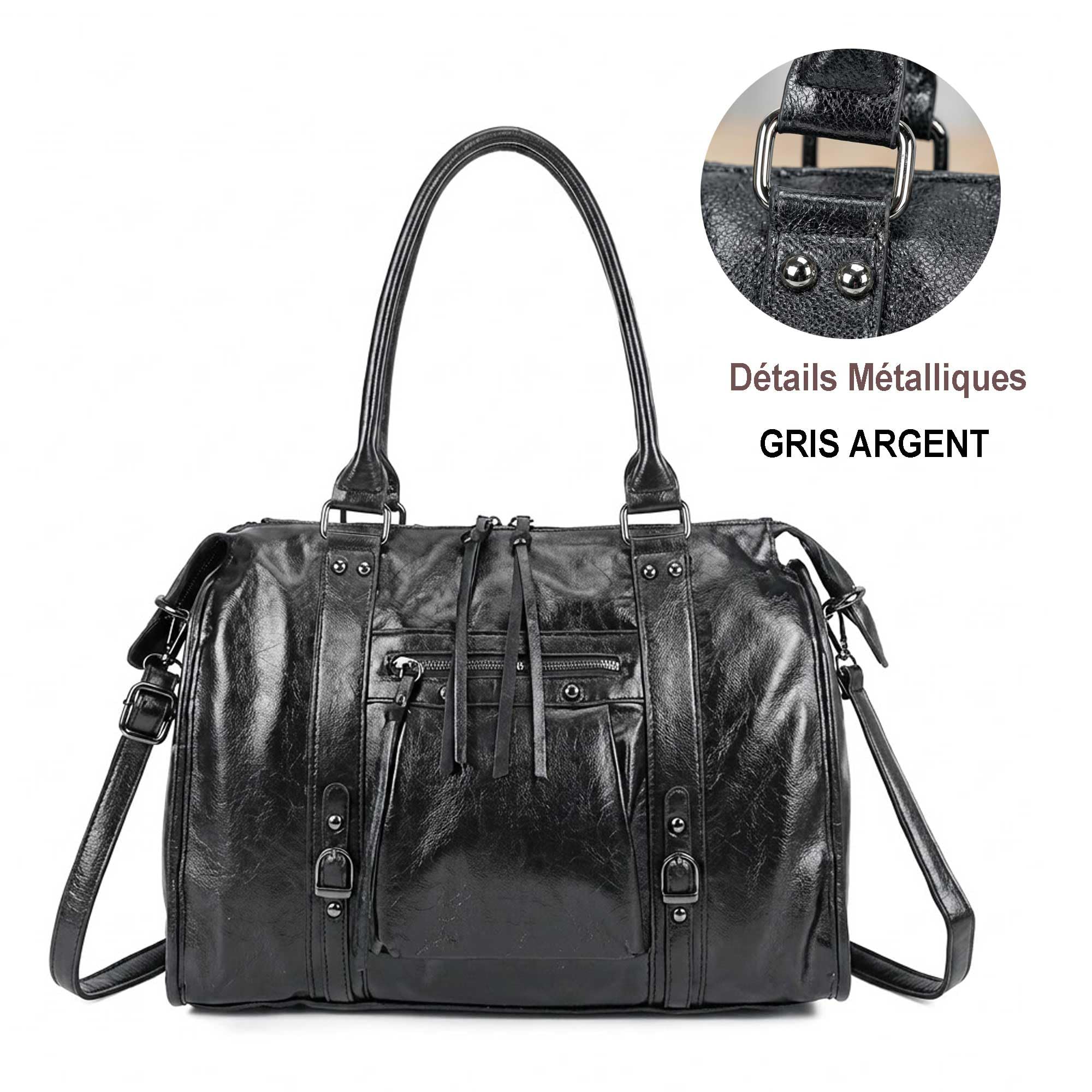 Double Tree Sac à Main Cabas Femme Irisé Pour Les Cours - Sac Bowling Fourre-Tout Travail Format A4 - Similicuir Brillant Détails Argentés ou Dorés - Chic Tendance