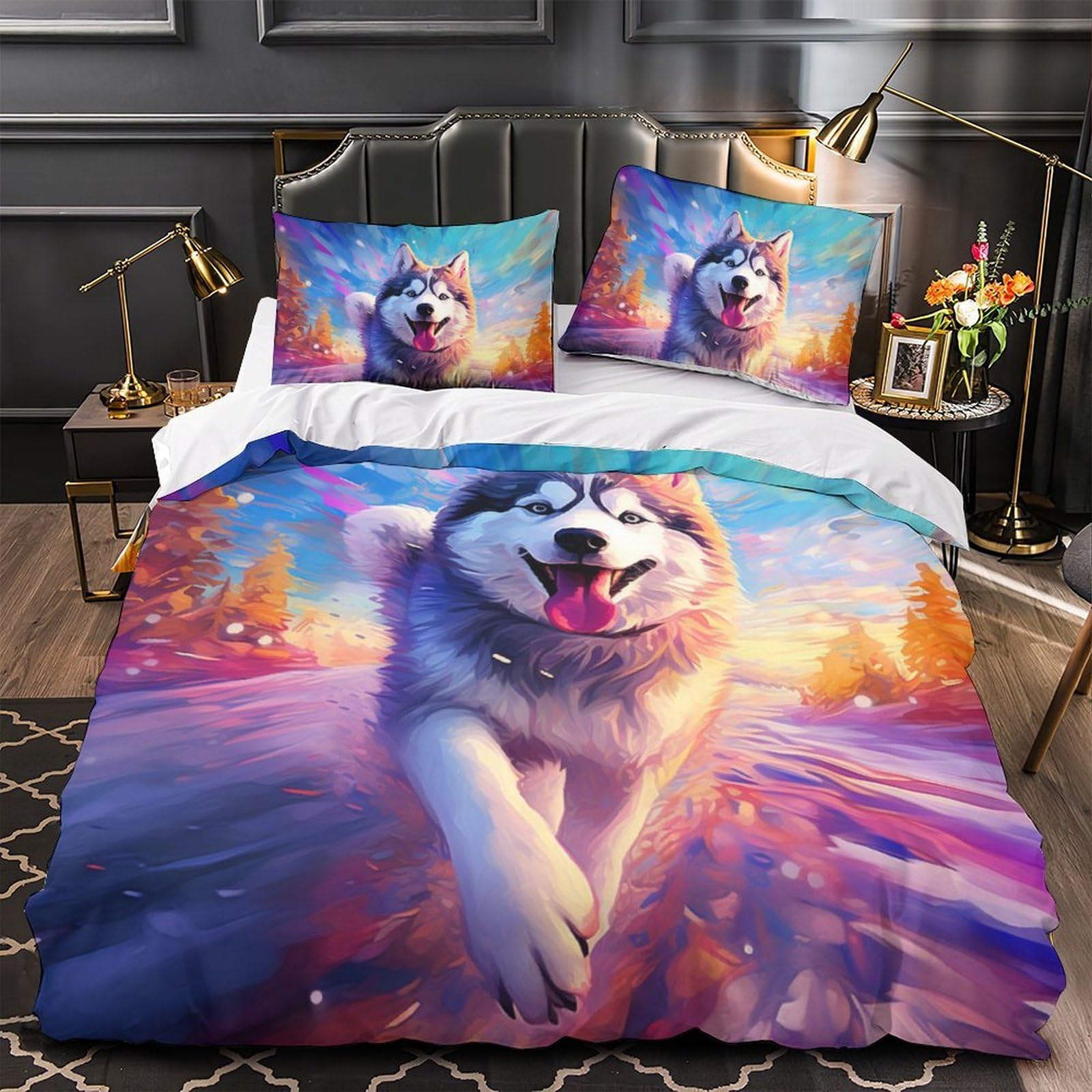 LXHASPIEO Husky Comforter Covers for Boys Girls 3D Printed Quilt Cover Duvet Cover with Pillow Cases Soft Microfiber with Zipper Closure Bedding Set 3 Pieces Double（200x200cm）