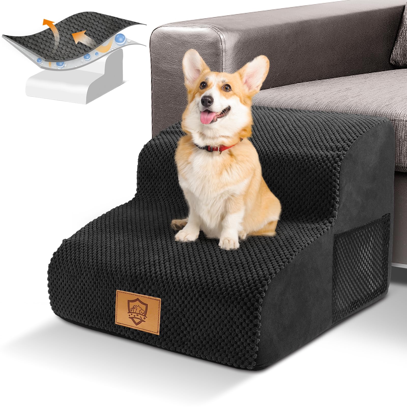 Thihome Scala per Cani a 2 Gradini, Scale per Gatti, Rampa per Animali, Scaletta per Cani di Piccola Taglia,Rampa per Gatti Anziani, con Fodera Rimovibile e Lavabile, per Letto e Divano, Nero