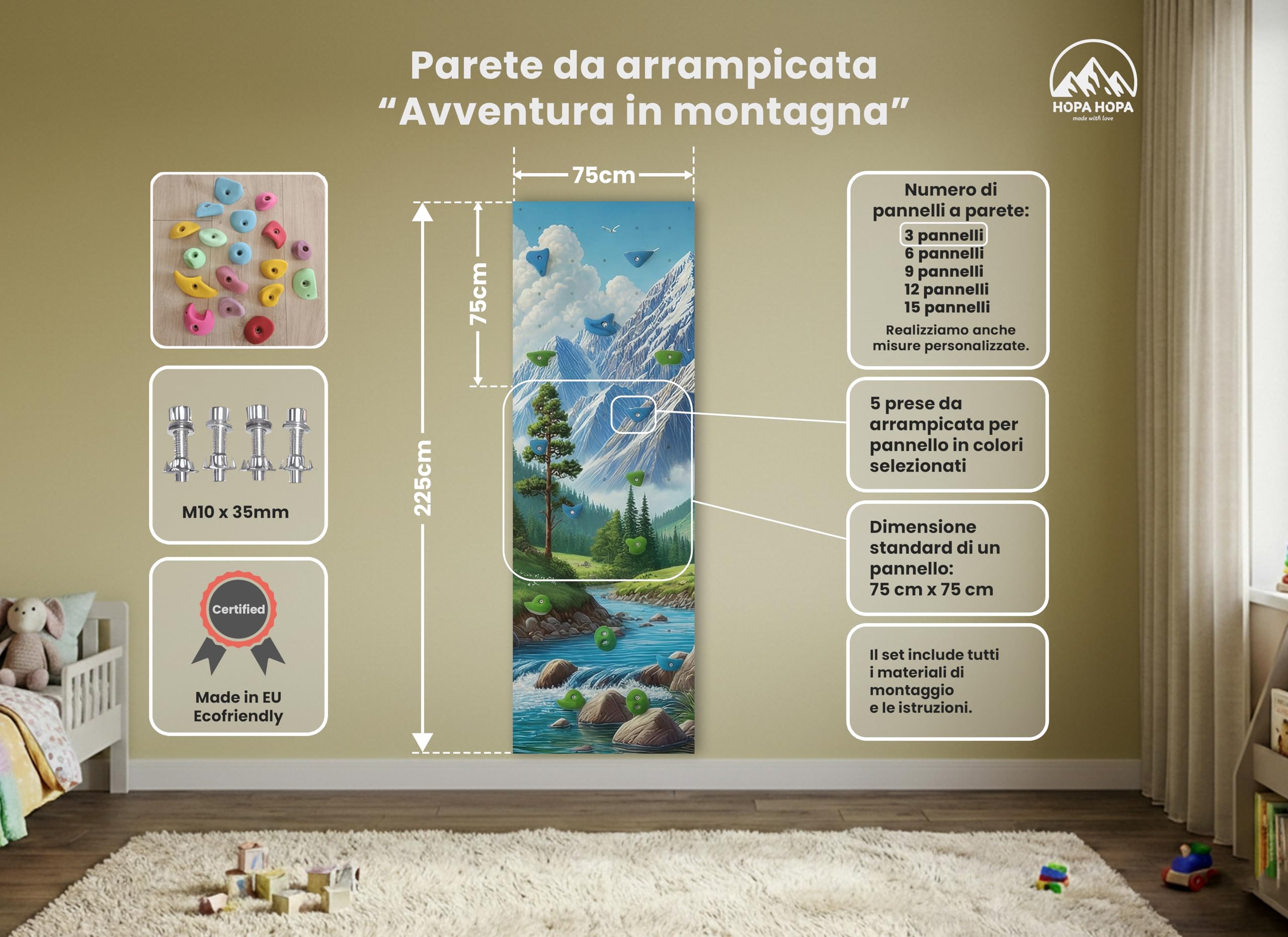 Parete da Arrampicata per Bambini - Gioco da Interno - con 15 Prese da Arrampicata, 3 Pannelli Murali in Compensato di Betulla - Dimensioni 225x75cm - Un'avventura in Montagna