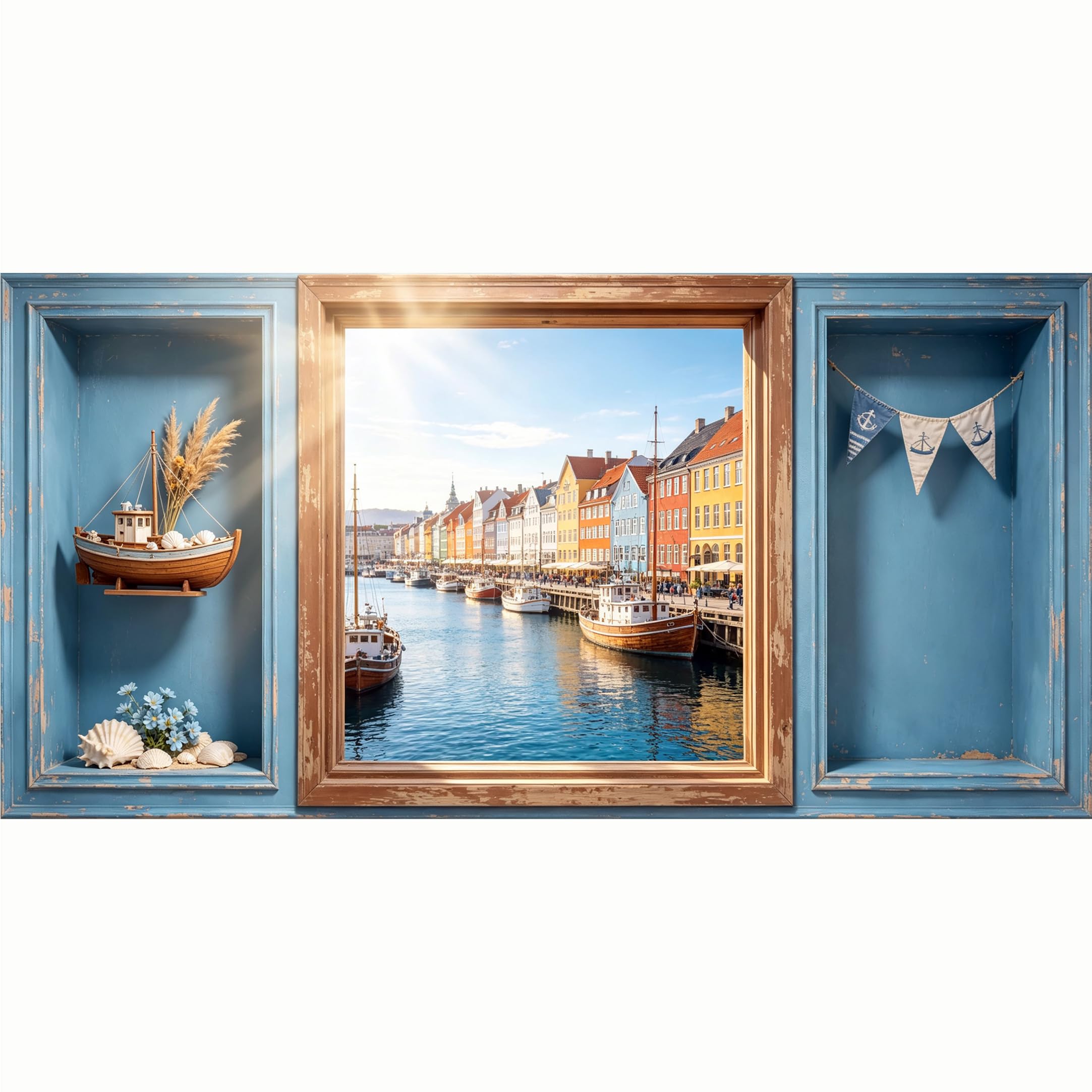 QZLITHOTIC 50x100cm 3D Framed Wall Art， Coastal Harbor Town Scenic View Self‑Adhesive Mural， Water‑Activated Peel & Stick Fabric Decor Wall Decal for Bedroom Living Room