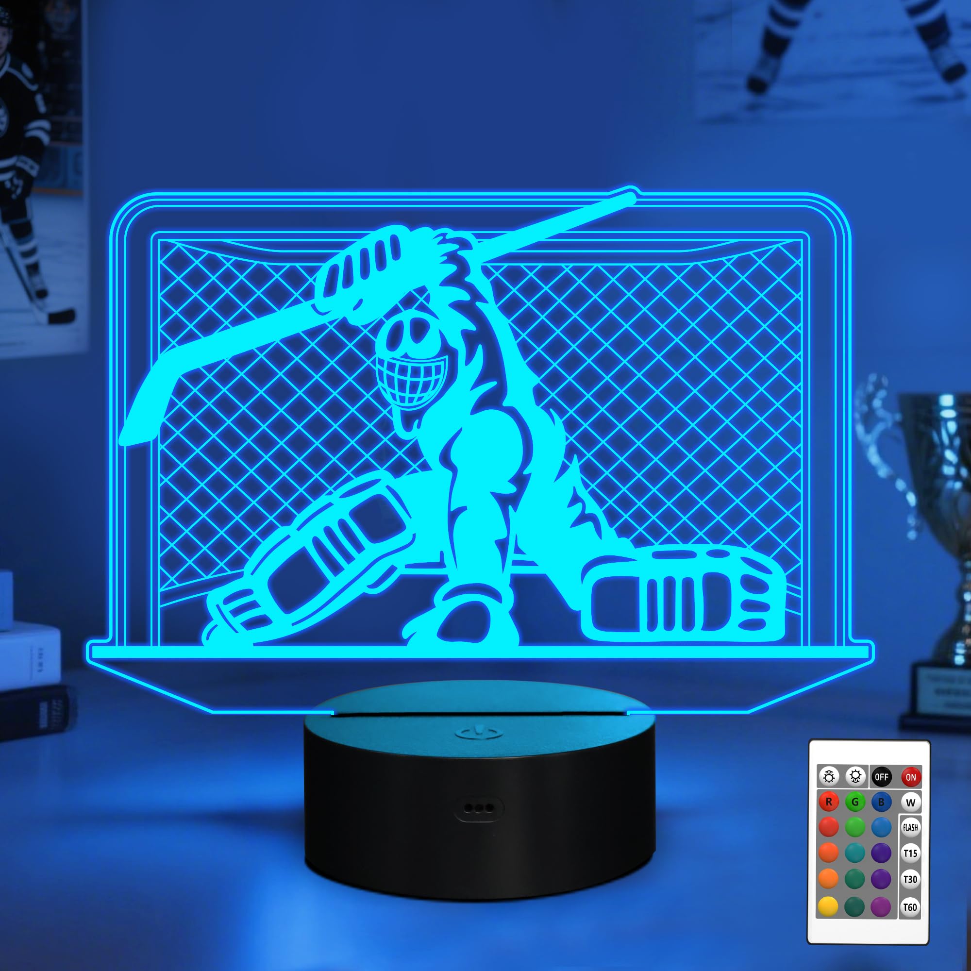 YuanDian Hockey 3D LED Night Light, 16 Colors USB & Battery Powered Touch Control with Remote, Ice Hockey Gifts for Boys Man