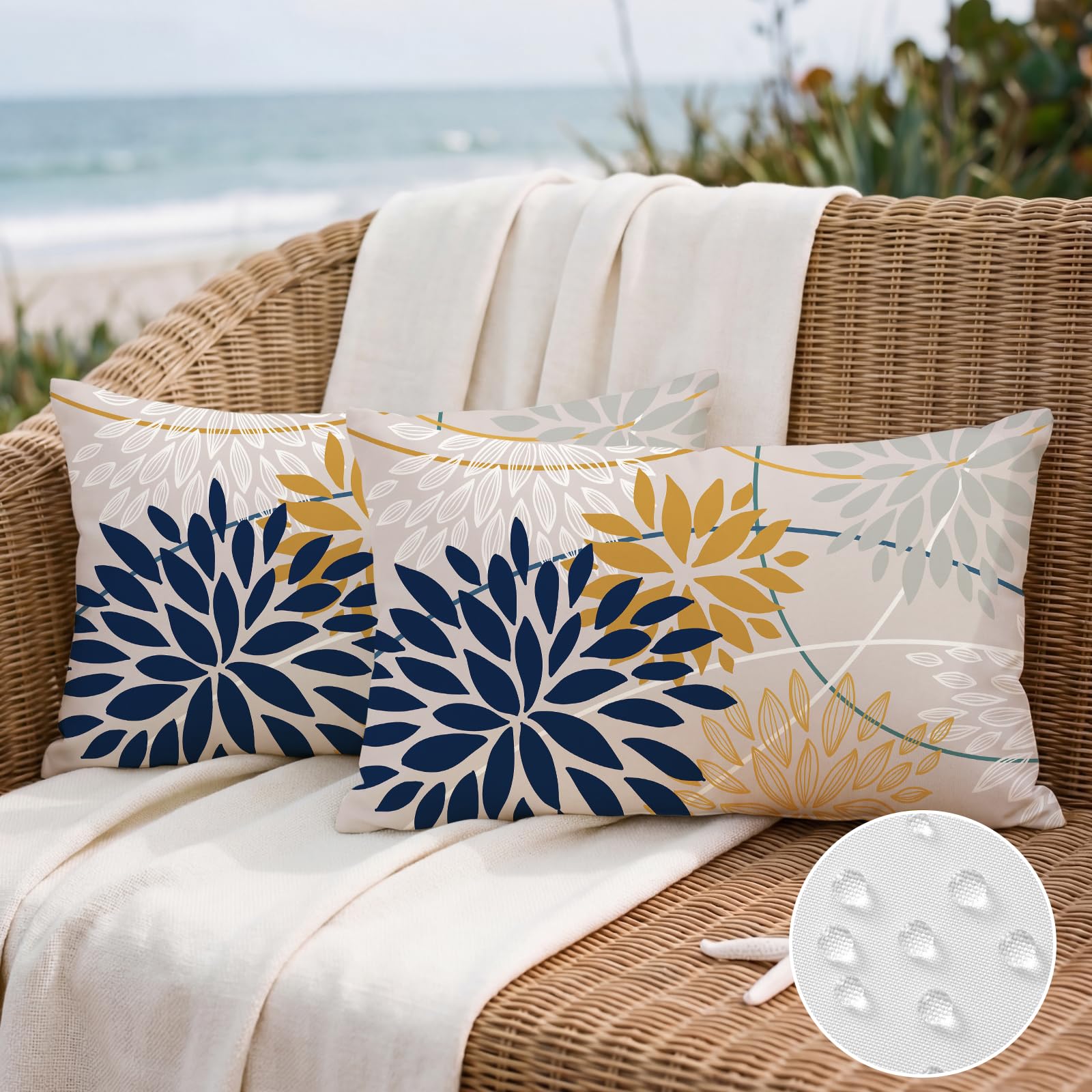 Artscope Outdoor Waterproof Dark Blue Yellow Cushion Covers Geometric 30x50cm Set of 2 White Dahlia Floral Pillowcases Outdoor Flowers Pillow Covers for Patio Garden Bench Sofa Farmhouse Decor