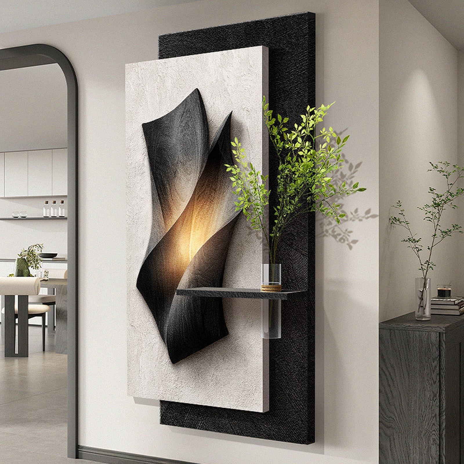 Sztuka ścienna 3D z piaskowca, ze światłem LED i wazonem do przechowywania wody, unikalna rzeźba do salonu, sypialni, wejścia, hotelu, 50 x 100 cm