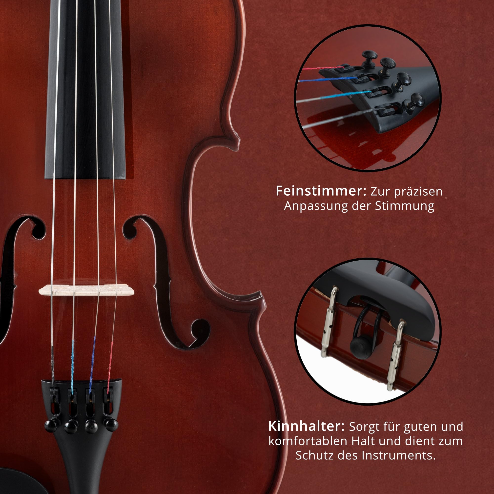Classic Cantabile VP-100 Set Violino 4/4, Tavola armonica: abete massello | Fondo, ponticello, fasce: acero, Tastiera, chiavi, capotasto: legno duro, Mentoniera: plastica, Cordiera: metallo