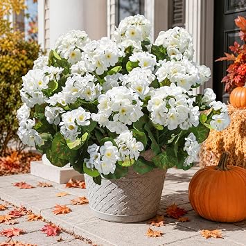 Artificial Geranium Fake Flowers for Outdoors Decoration, 6 Bundles Silk Geraniums White Flower UV Resistant Look Real Faux Plants for Front Door Garden Porch Planter Patio Balcony Yard Indoor Home