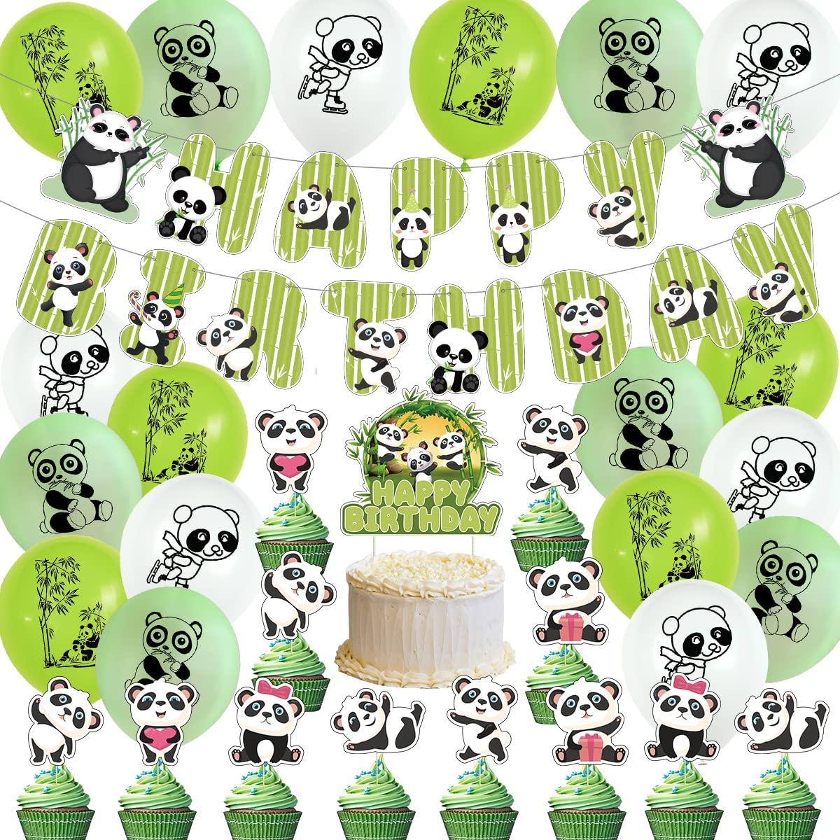 Panda Bamboo Birthday Party Supplies Animal Lover Party Favors-Include Birthday Banner Cake Toppers Balloons,Animal Cake Decorations (BD-Panda Green)