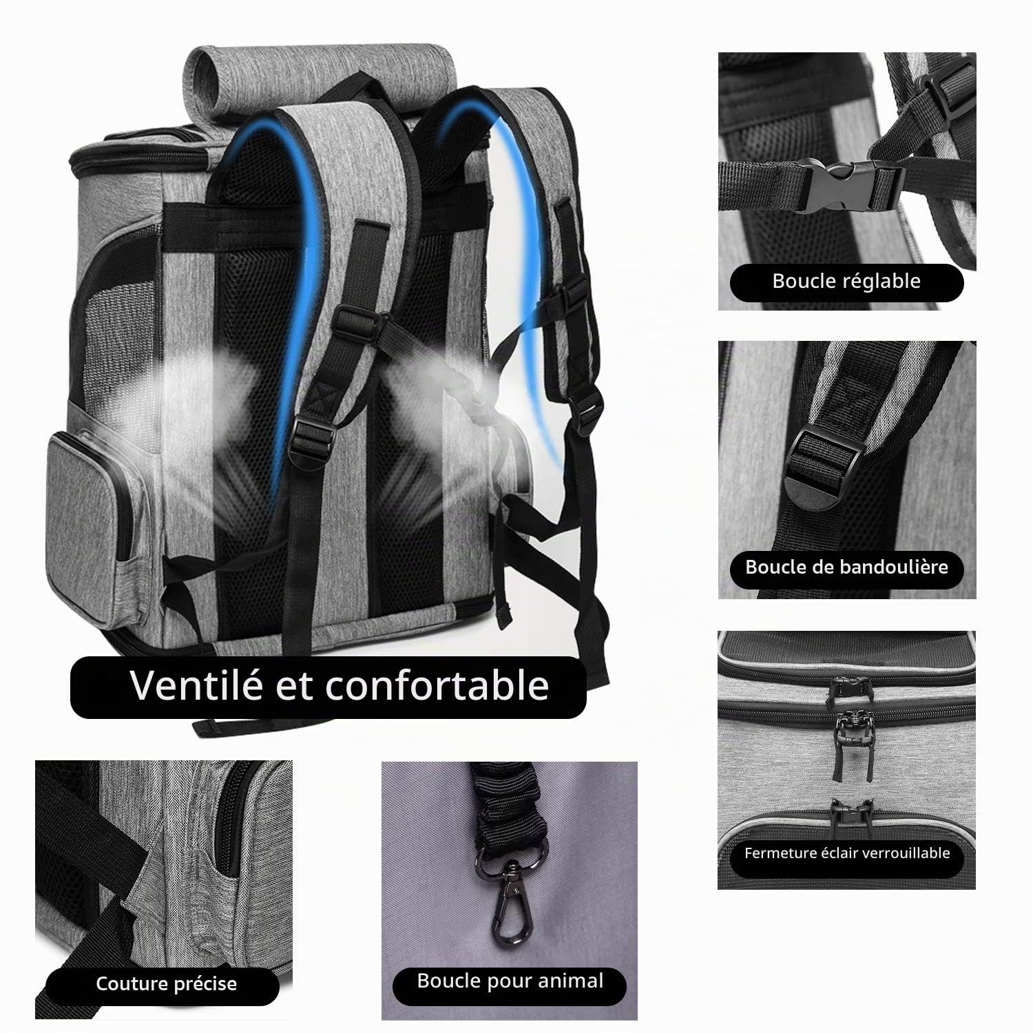PETCUTE Sac à Dos pour Chien et Chat - Transport pour Petit Animaux Respirant Pliable, Gris