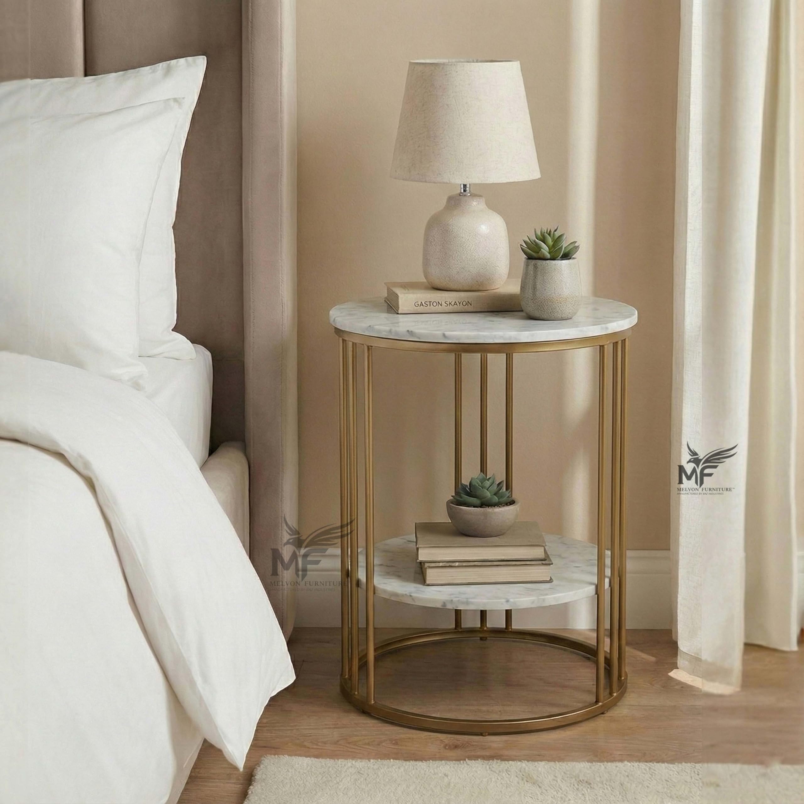 Furniture Metal End Table with White Marble Look Top, Golden Frame, 2 Tier Side Table for Living Room Bedroom