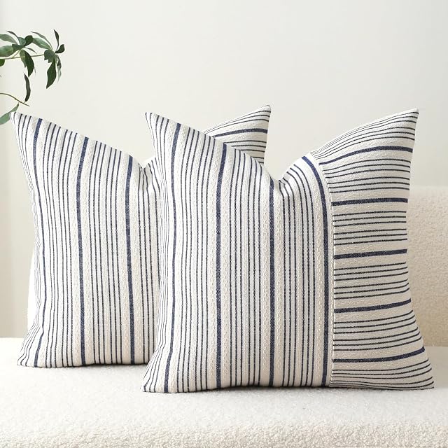 DWR Striped 3D Textured Weave Throw Pillow Covers 20x20 Set of 2 Polyester Cotton Blend in Navy Modern
