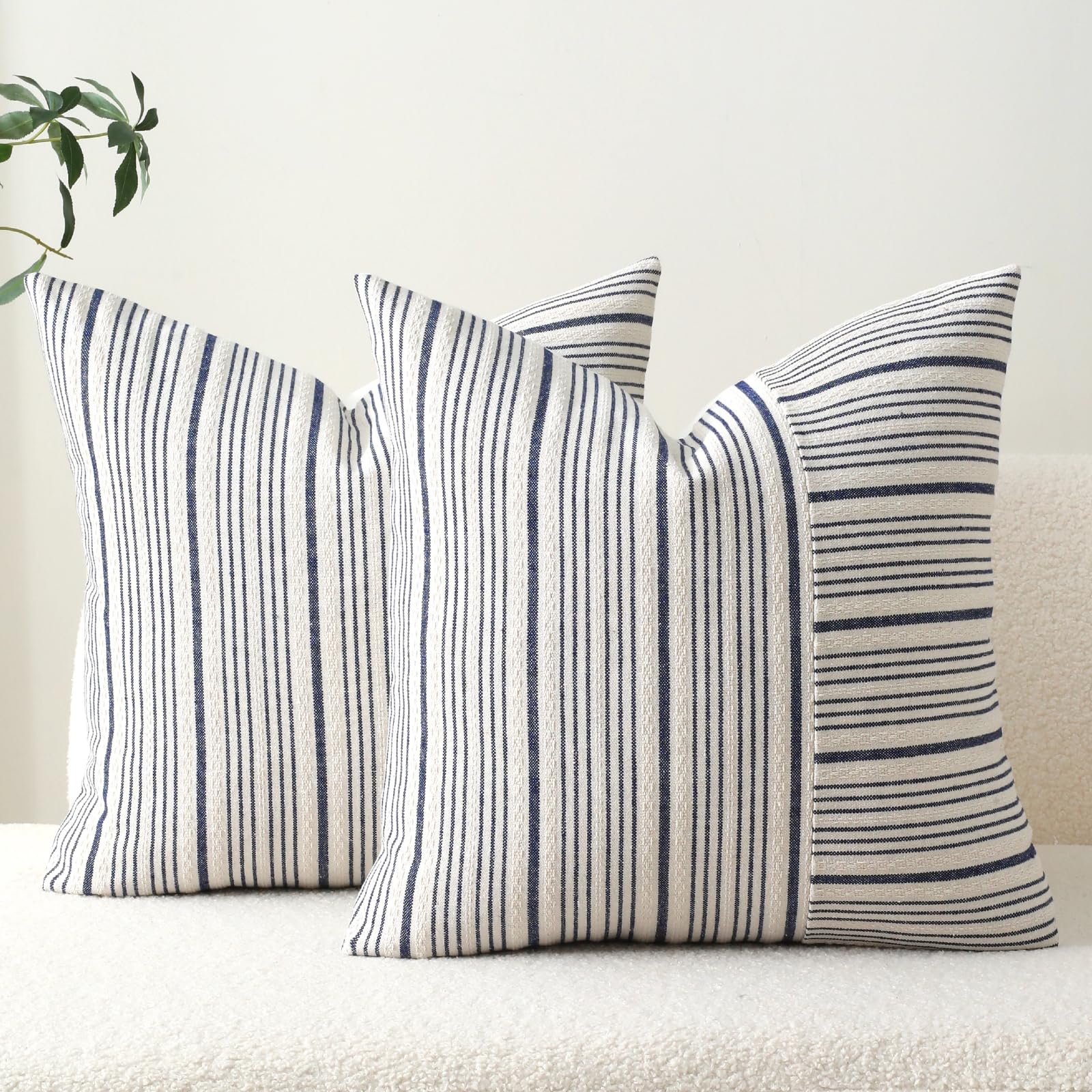 DWR Striped 3D Textured Weave Throw Pillow Covers 20x20 Set of 2 Polyester Cotton Blend in Navy Modern