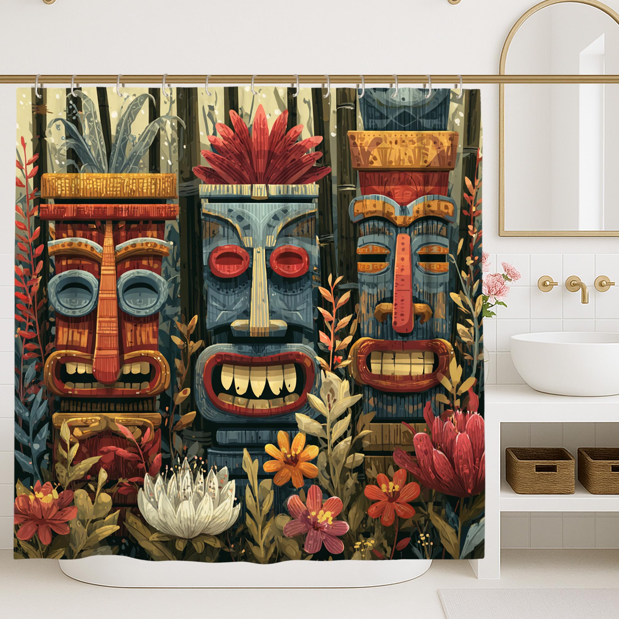 Tiki Mask Shower Curtain, Red Hawaiian Tropical Floral Bathroom Decor, Waterproof Fabric Boho Style Curtain for Bathtub, Shower, and Bathroom Window, Indoor Outdoor Home Accessory 78x78 Inch