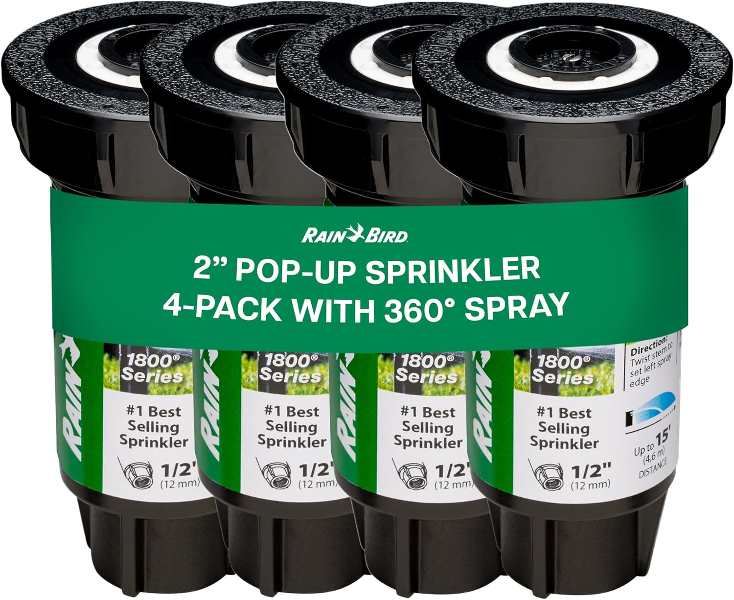 Rain Bird 1802FSPRS Pressure Regulated 1800 Series Dual Spray 2 Inch Pop Up Sprinkler Head, 4 Pack - Water Efficient Lawn Sprinkler with 360 Degree Pattern, 1/2 Inch NPT, Up to 15Ft Spray Distance