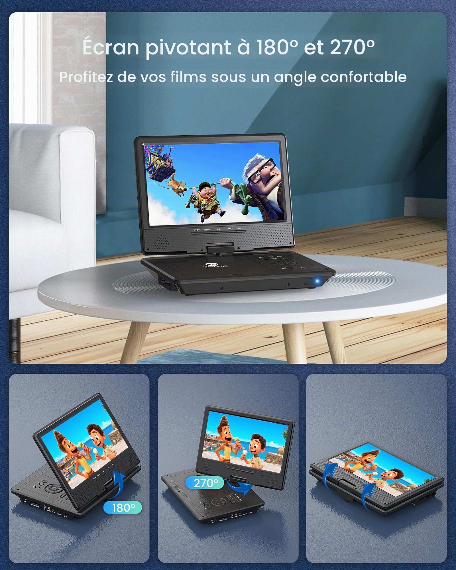 WONNIE Lecteur DVD Portable de 12,5" avec écran HD pivotant de 10,5", étui pour appuie-tête de Voiture, Batterie Rechargeable de 5 Heures, Chargeur de Voiture et Adaptateur Secteur, Prend en Charge