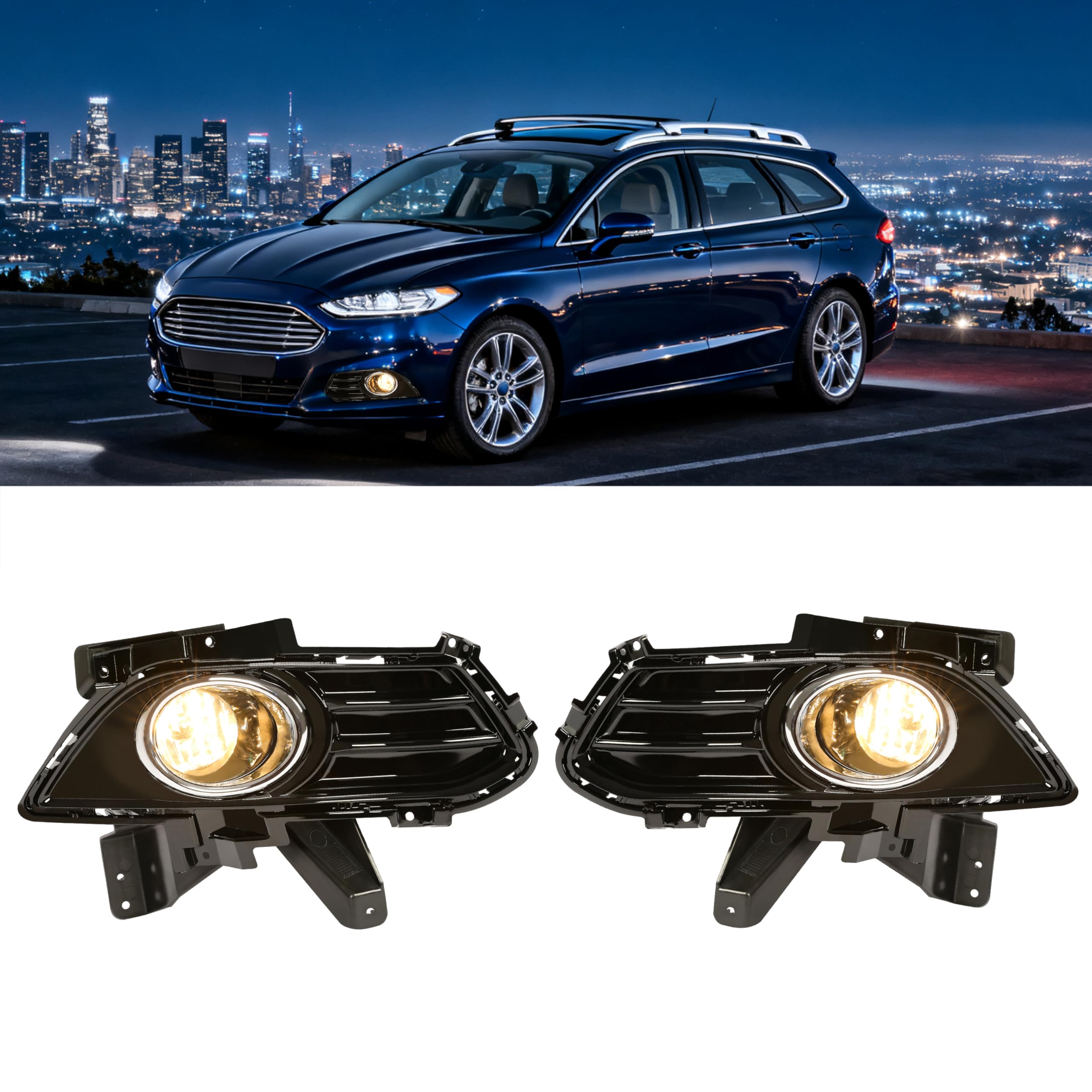ECOTRIC Front Bumper Driving Fog Light Compatible with 2013-2016 Ford Fusion Fog Lamp w/Bulbs & Surrounds & Brackets Left & Right Side Replacement for FO1039132 FO1038132
