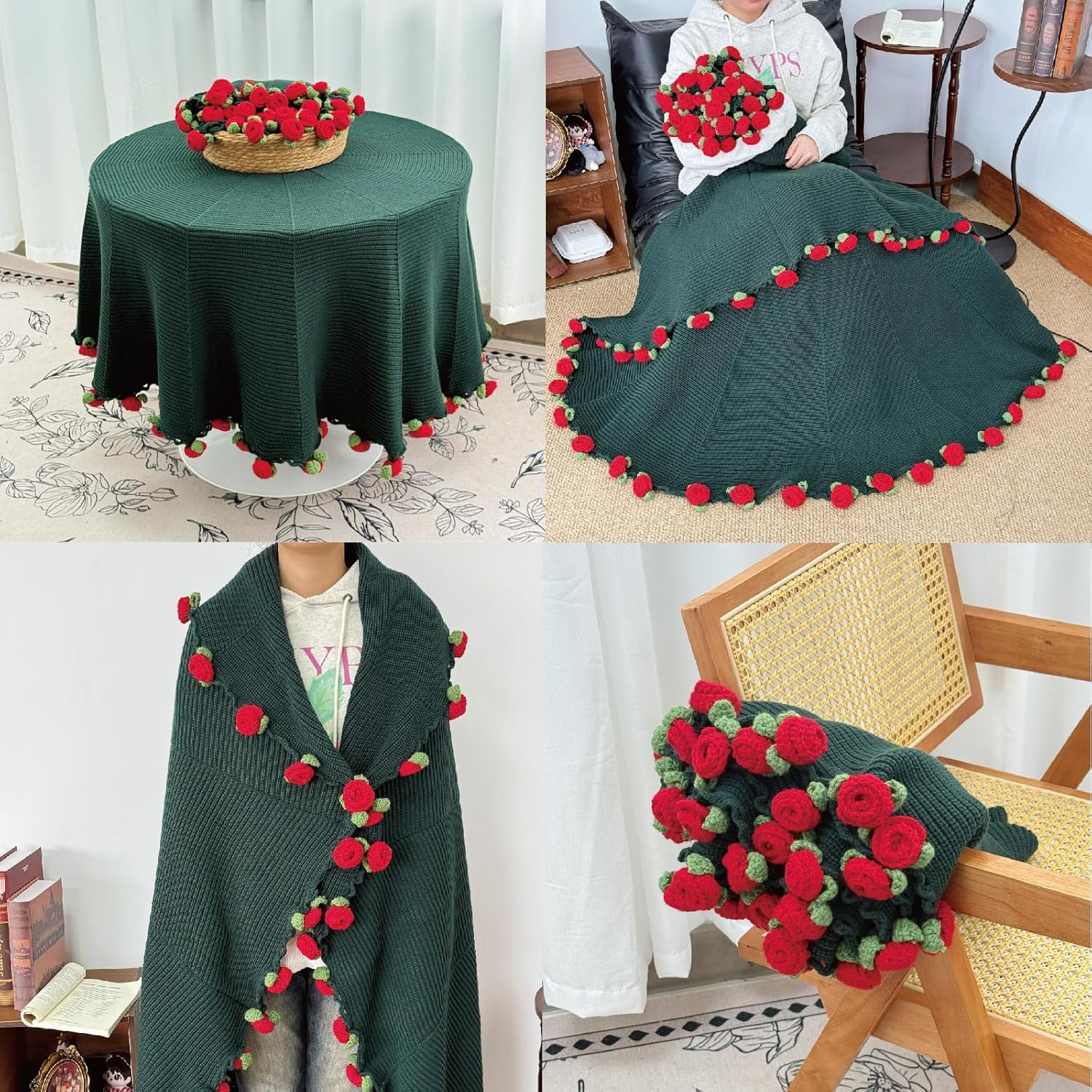 Red Rose Flower Bouquet Blanket, Handmade Throw Blankets, Romantic Gift for Friend Birthday, Valentine, Wedding Anniversary, Mother's Day (Green red Rose, 39 inches)