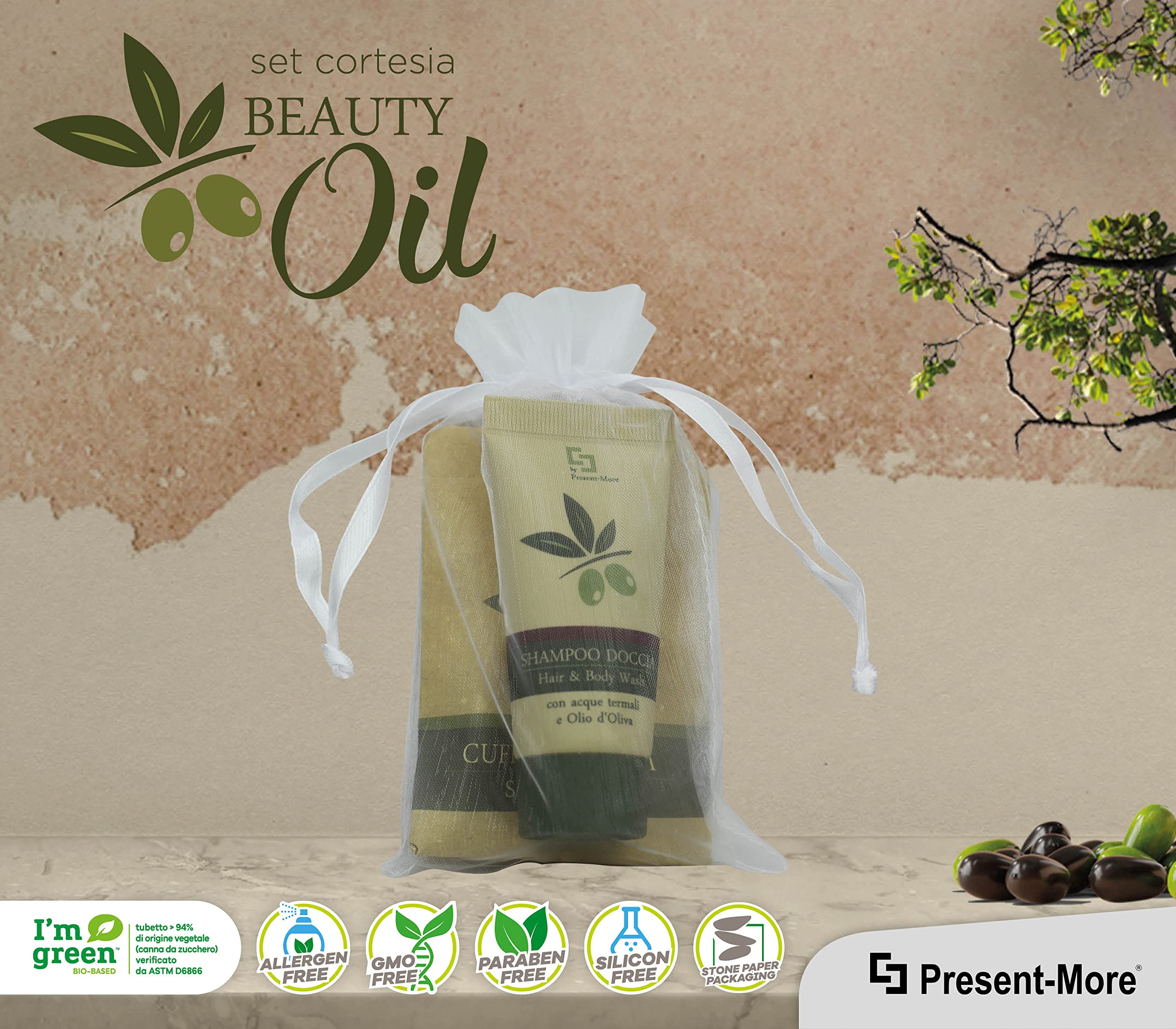 PRESENT-MORE - Set Cortesia 15 Ospiti Beauty Oil - Fragranza Tahitian - Contiene: Shampoo Doccia, Sapone e Cuffia - Made in Italy - Per Hotel e B&B