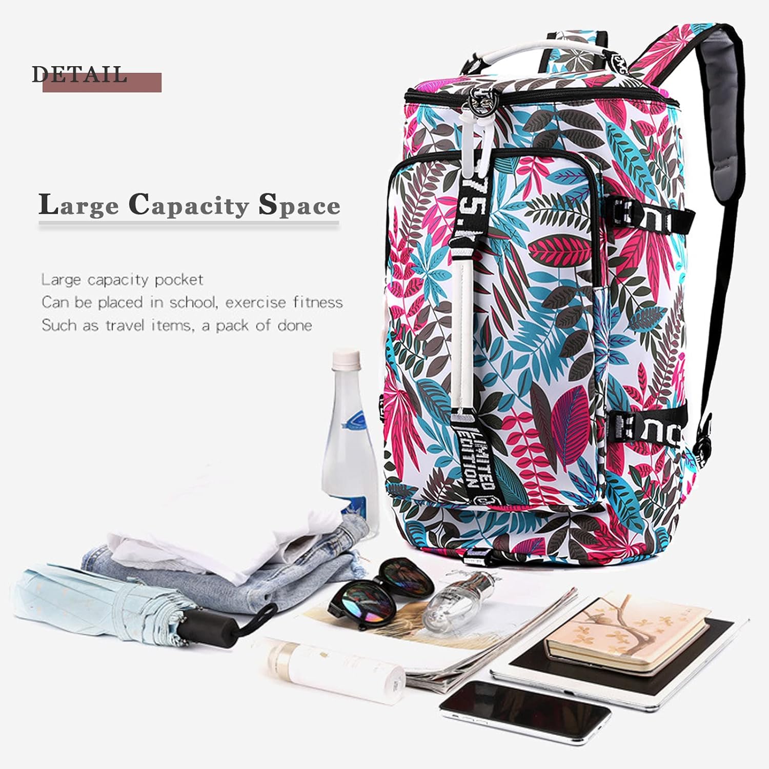 DEARART Backpack Bag Gym Bag For Women, Four Fashion Ways Waterproof Duffle Backpacks Beach Bags, Suit Gym Travel Sport Beach, Floral Leaves White - Image 3