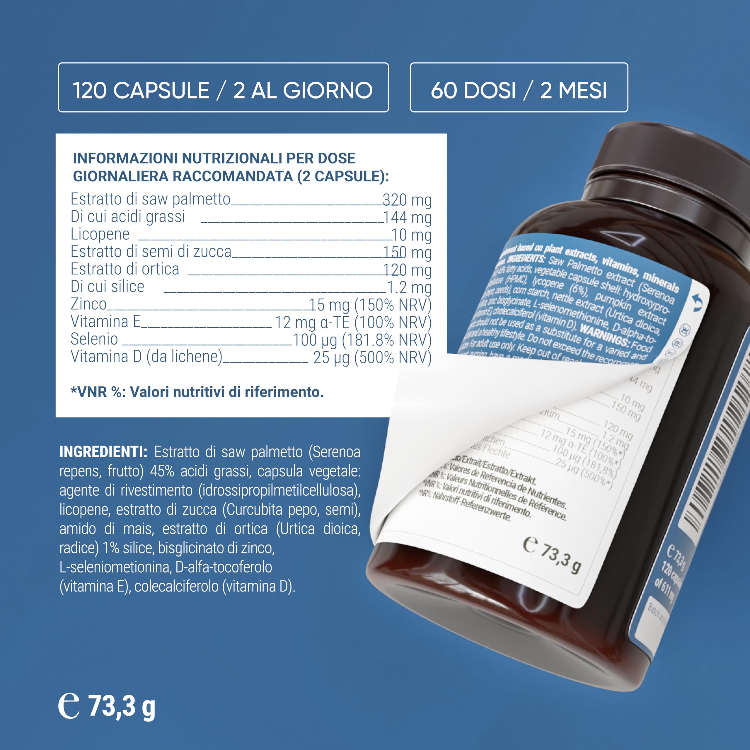 Nullure Prostate Care | Serenoa repens prostata integratore + Ortica + Licopene + Zucca | Saw Palmetto 320 mg | Testato da terzi | Vegano e Senza Additivi | 120 caps (2 mesi) | Prodotto a Barcellona