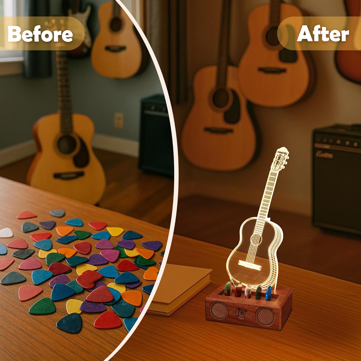 CoolGift Mart Light Up Guitar Pick Holder, Acrylic Acoustic Guitar Pick Holder with Vintage Audio Modeling Wooden Base for Picks Storage and Display, Gift for Guitar Players Guitarists