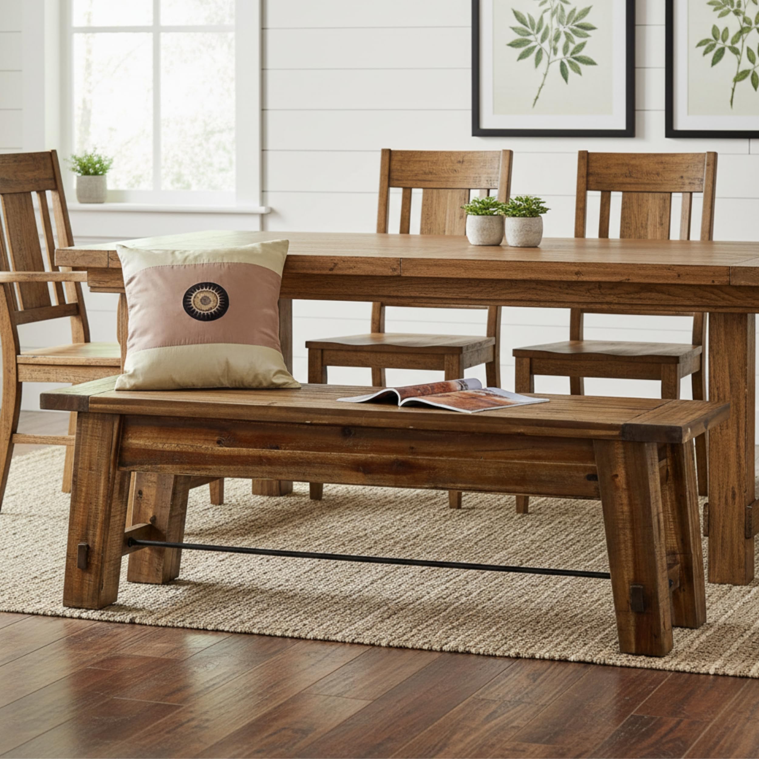 Durango Rustic Farmhouse Style 60-Inch Wood Bench - Industrial Modern Accent Furniture with Solid Wood Seat for Entryway, Dining Room, Hallway, Foyer, or Kitchen by Alaterre Furniture | Large Shoe Bench with Metal Rod Accent, Modern Farmhouse Table Bench