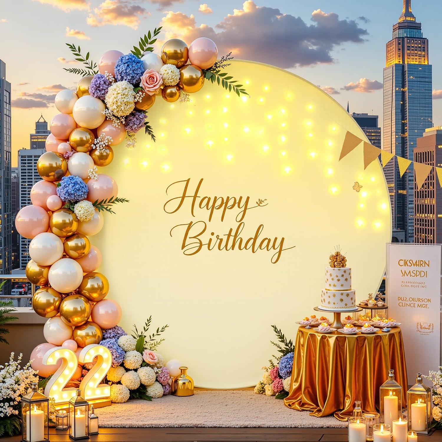 6.6 FT Beige Round Backdrop Cover with Lights String for Circle Arch Stand Circle Backdrop Covers with LED Fairy Lights for Wedding Arch Bridal Baby Shower Birthday Party Photo Photography Background image 2