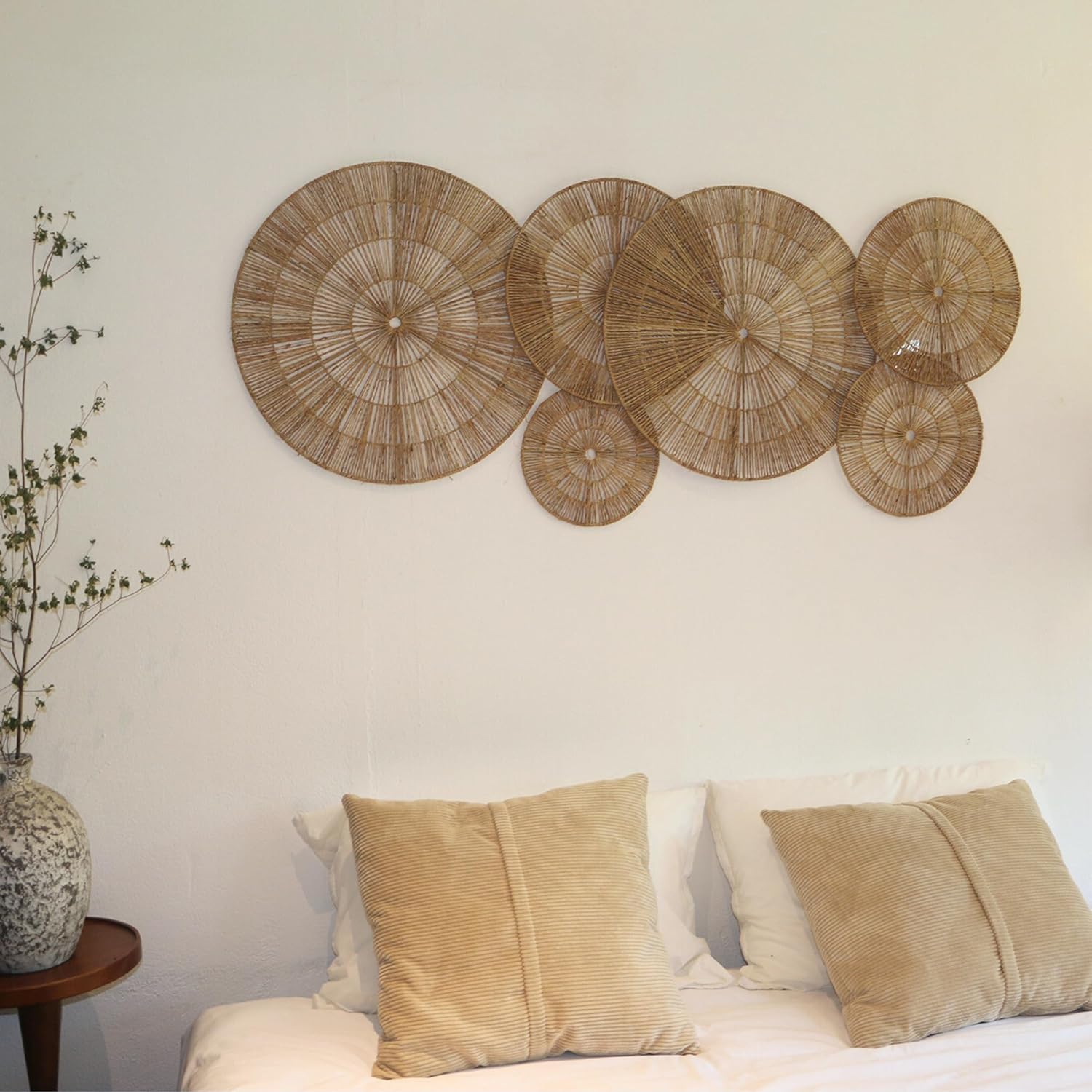 Wicker Wall Decor, Set of 6 pieces 22/21/16/14/12/10", Flat Baskets For Wall Decor,Woven Wall Art for Above Bed Decoration,Boho Decorative Wall Plate With Metal Frame