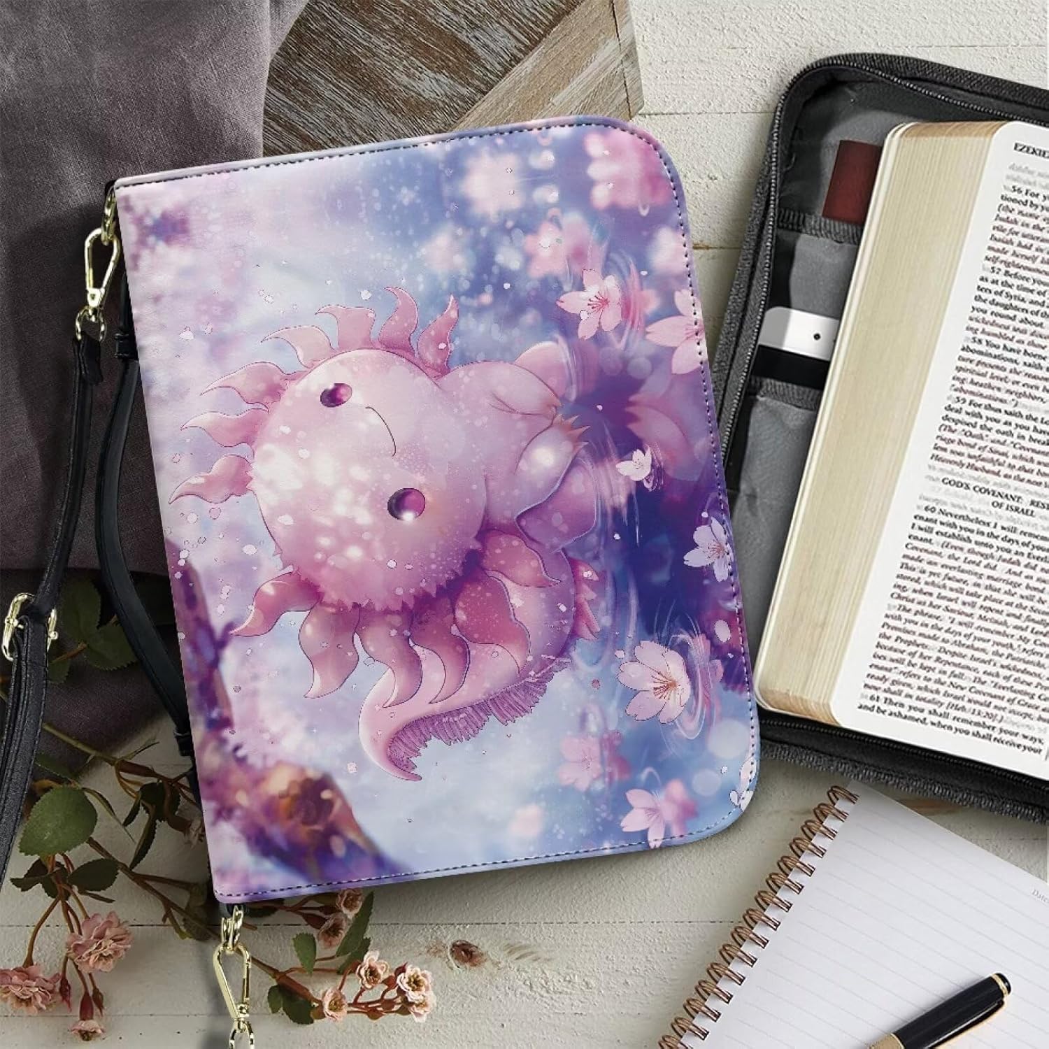 Cherry Blossom Axolotl Leather Bible Cover with Bookmark and Book Fixing Straps Church Study Book Carrier for Standard and 2X-Large Size Study Bible for Church,Travel,Or Daily Use