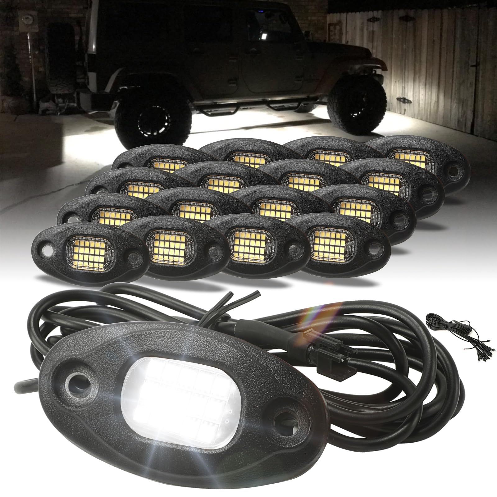 Photo 1 of SUNPIE 16 Pods White Rock Lights – Aluminium Housing, Quick Connect, 24 High Power Chips, 5M Extension Wires, 6000K Pure White, Mounting Pads Included, IP67, Fits Trucks, SUV, ATV, UTV, Trailer
