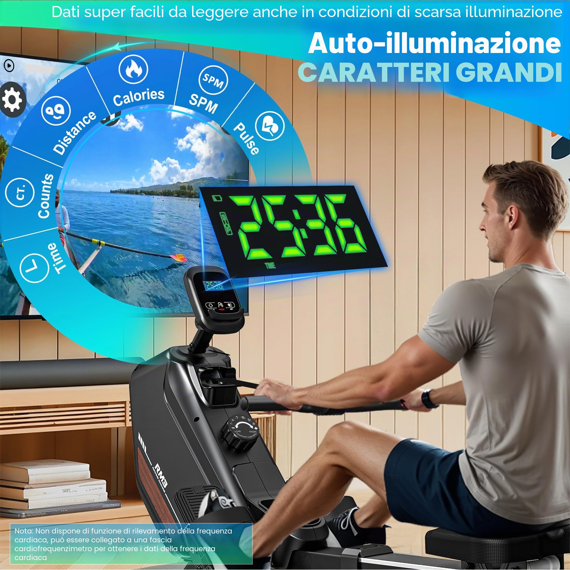 Vogatore per la casa con resistenza magnetica, vogatore con computer di bordo Bluetooth, supporto per tablet regolabile, capacità di carico 170 kg