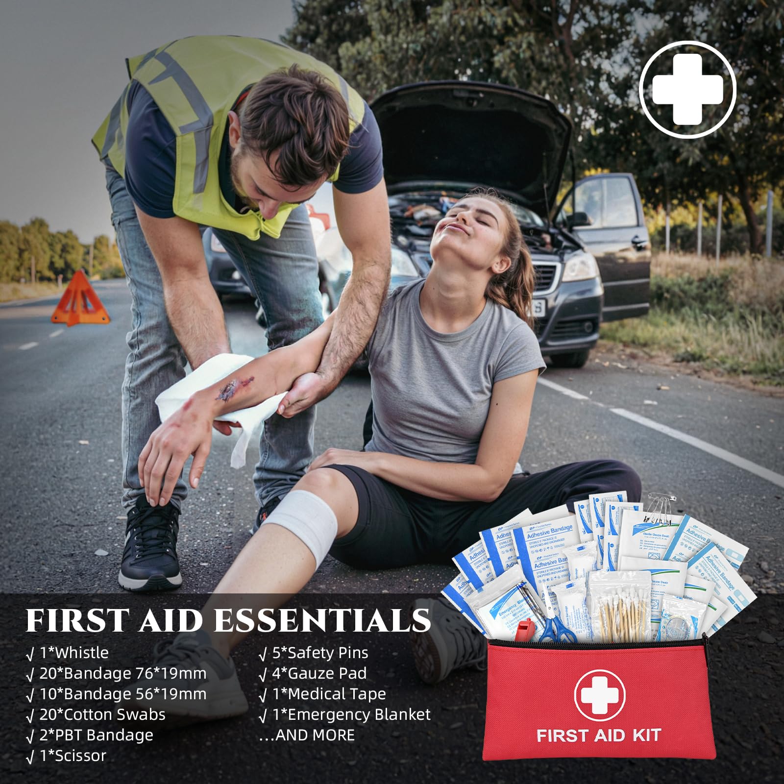 Roadside Emergency Car Kit for Vehicles, Car First Aid Kit Emergency Kit with Jumper Cables, Snow Shovel, Tow Strap, Car Safety Kits, Road Trip Assistance for Men, Women, New Driver Gifts