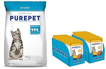 Purepet Adult(+1 Year) Dry Cat Food, Ocean Fish - 7kg & All Life Stages Wet Cat Food, Real Tuna and Chicken Liver in Gravy, 24 Pouches (24 x 70g)