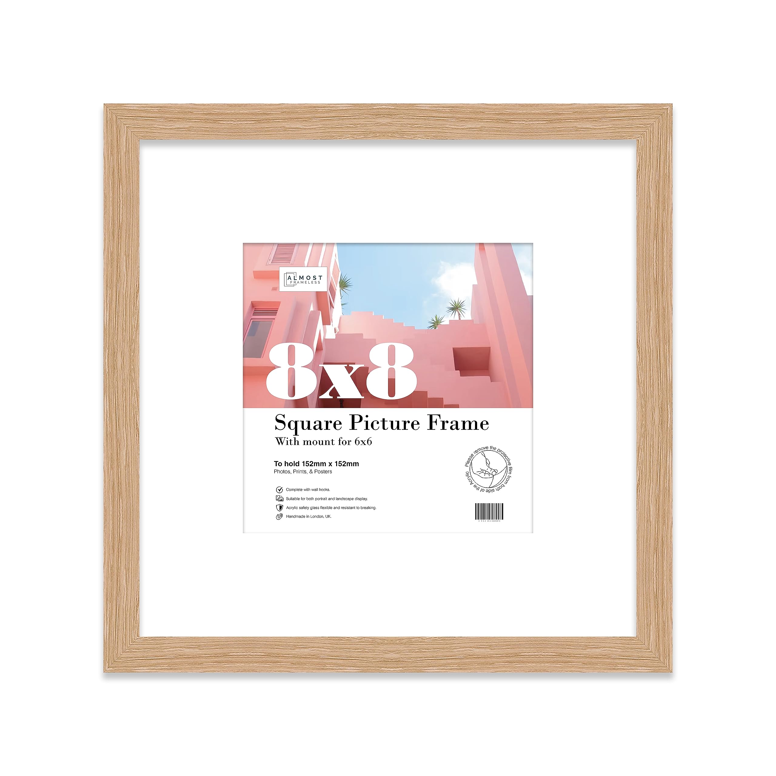 8x8 Oak Picture Frame with Mount for 6x6 Photos, Prints - Modern Square Wall Frame, 1 Pack