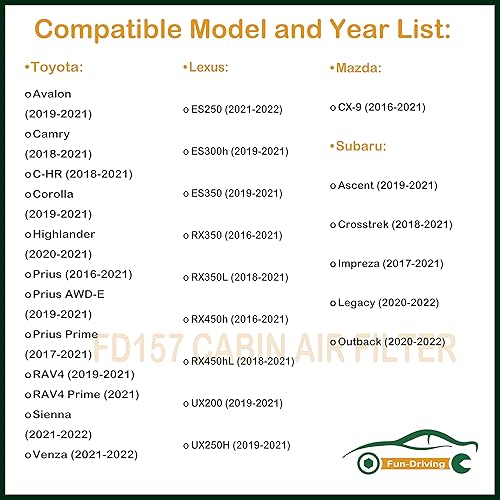 Miniatura 2 de Paquete de 3 repuestos de filtro de aire de cabina FD157 para los modelos Avalon, Camry, Corolla, Prius, Prius Prime, RAV4, ES350, RX350, RX350L,