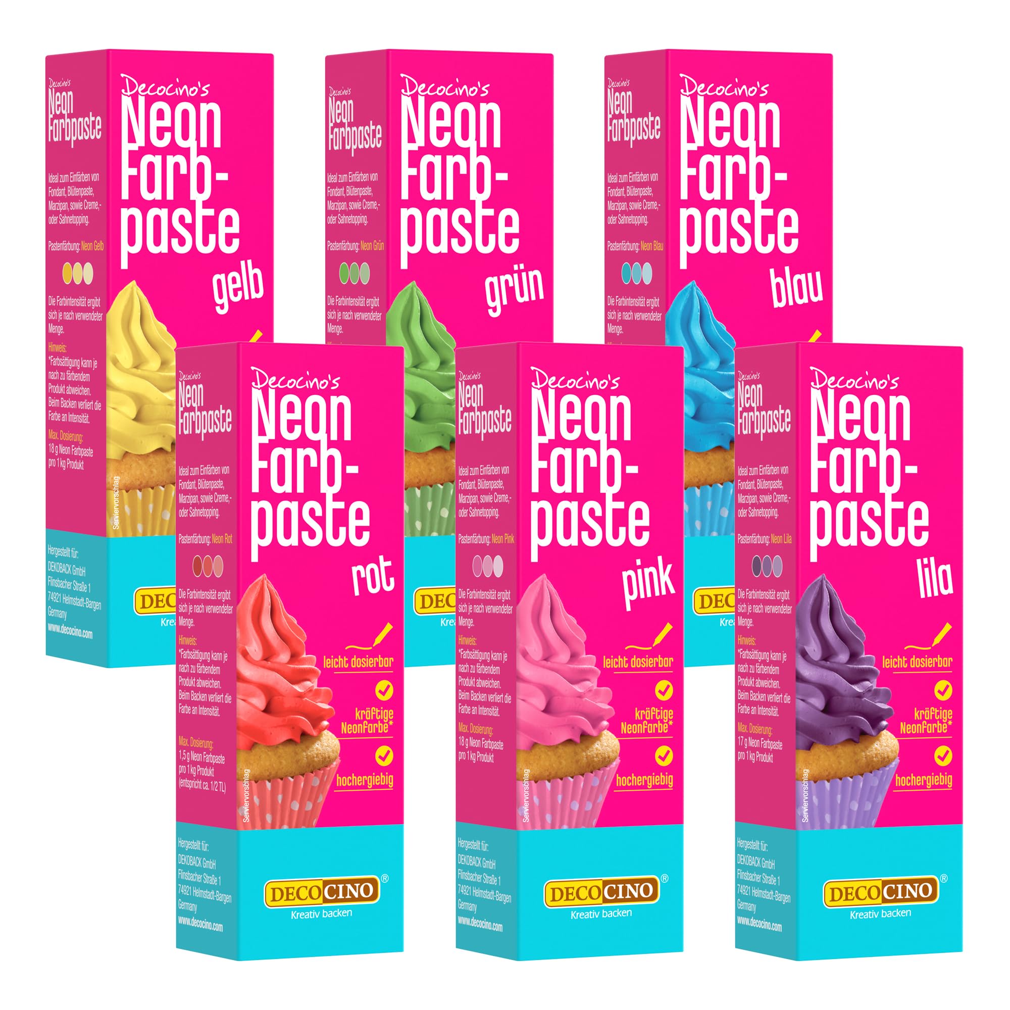 Decocino Neon Lebensmittelpaste 6er Set – hochdosierte Lebensmittel-Farbe – zum Einfärben von Kuchen, Torten, Muffins, Cupcakes – geschmacksneutral