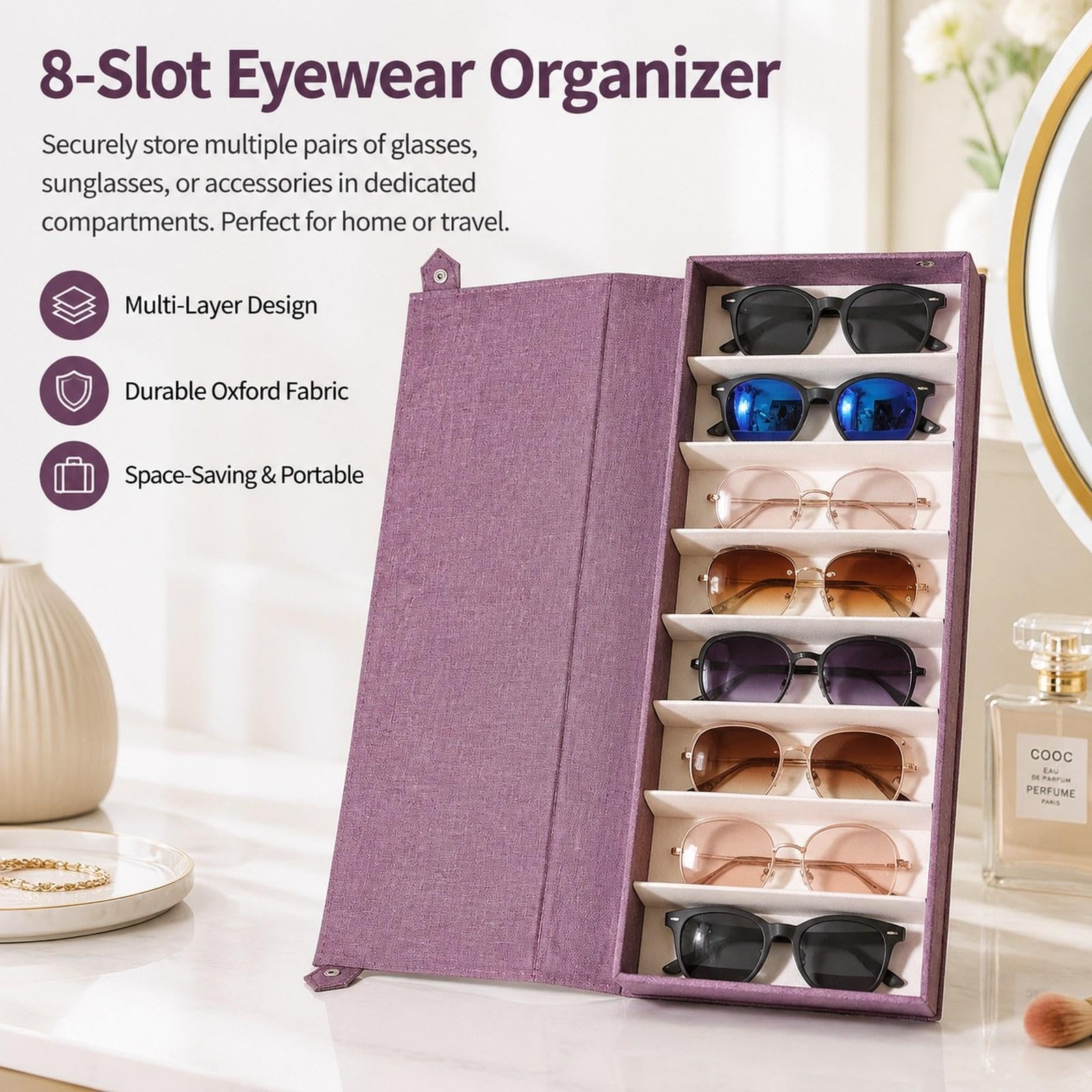 Estuche para Guardar Gafas de Sol, Bandeja Expositora para Gafas, Organizador de Gafas, Soporte de Tela, Material MDF, Ranuras Multiusos, Adecuado Par