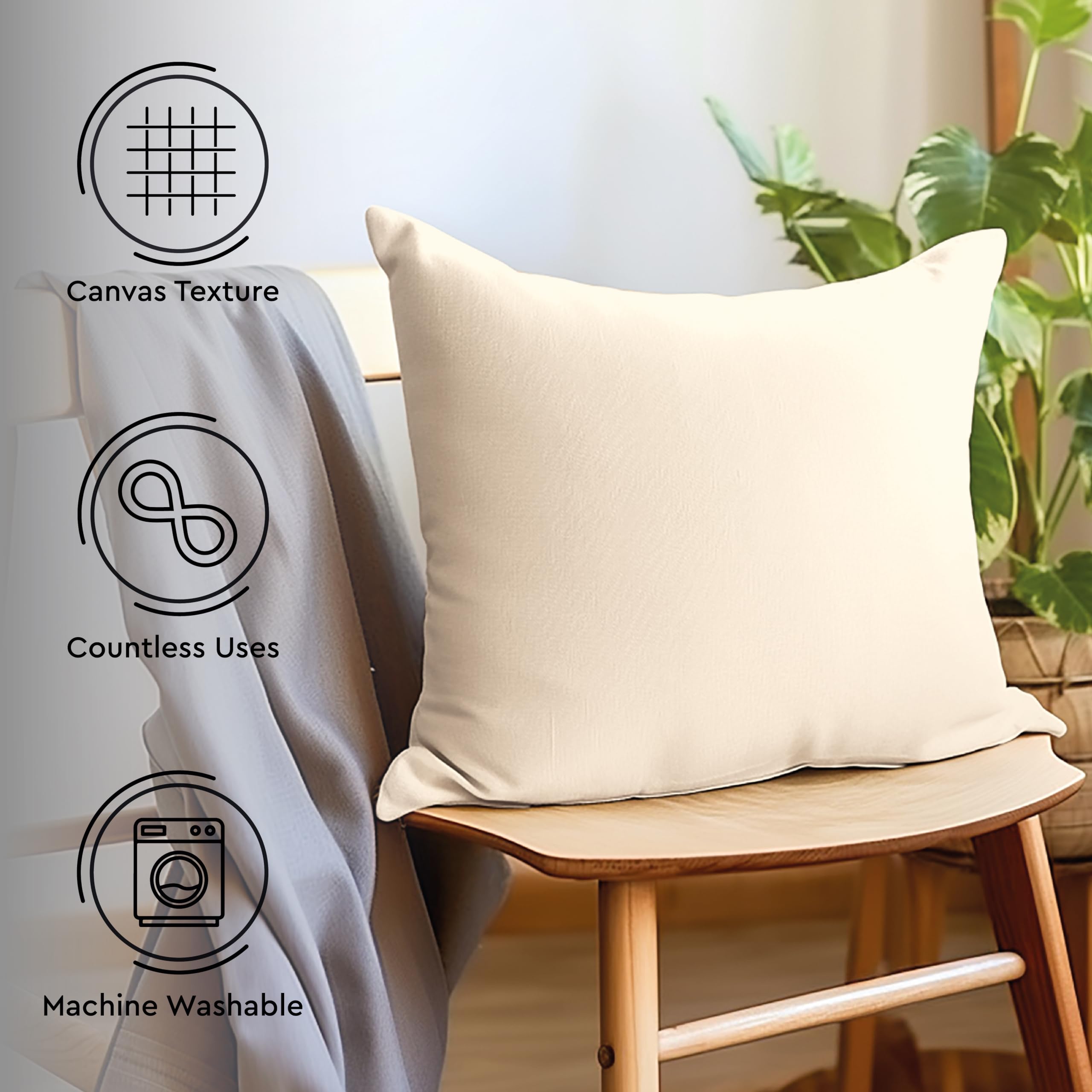 Encasa XO Cotton Throw Pillow Covers Set of 4 I 16x16 in (40x40 cm) - Natural I No Insert I Plain Square Pillowcases I Machine Washable - Image 3
